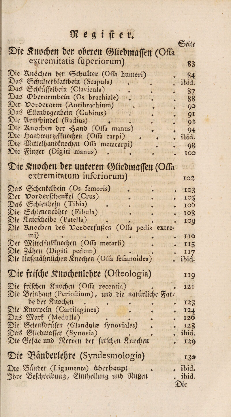 >Die $ttö$en bet oberen ©ItebntajTcn (Offa extremitatis fuperiorum) < ©ie Knochen ber ©cbttlteir (Offa hutneri) e ©a3 ©cbiifferbiaftbein (Scapula; ©d$ ©chlüffeffccltt (Clavicula) * * 4 S ©d$ (Dberatmbetn (Os brachiale) ♦ ♦ * ©er lOorbctdrm (Antibrachium) * ♦ ♦ ©a$ (ürftenbogenbem (Cubitus) ä ©ie 2ffmfptnM (Radius) , * * 1 * ©ie Knochen ber -*Janö (Offa manus) ^ , ©ie «^tibwur$eff trocken (Offa carpi) ♦ , ©te ?9?tfte^anbfn0C^m Offa metacarpi) I ©ie föinqet (Digiti manus) „ ©eile 83 84 ibid. 87 88 go gi gz . ?.4 ibid. 98 100 >Die Änoc&en ber unteren ©fiebmajfen (Offa extremitatum inferiorum) ©a£ &<$)C\lUtMn (Os femoris) ♦ , * ©er TOotberfÖbe.nHßl (Grus) , ©a$ ©chtenbein (Tibia) ♦ ©ie ©rfnenentobre (Fibula) ! ©te .ftxtefd;cibe (Patella) ♦ ©te Knoden bc$ IPocbeefufles (Offa pedis extra« tni) ©er sßlittdfüfifnöcfycn (Offa metarfi) ©te 3^ben (Digiti pedom) ♦ ©ie IttxfcndbrtUcbert $nocbcn (Offa iefamoidea) io t 103 105 106 108 109 HO 115 117 ibid. SDte ftifdje Änocbenteljre (Ofteologia) 119 ©te frtfc^etl ^noebe« (Offa reccntia) ♦ , IZI | ©ic 3$etn()aut (Perioftium), unb bte natürliche $5^ bc ber Knochen ♦ 123 ©te Knorpeln (Cartilagines) ♦ , , 124 ©ß$ (Medulla) , ♦ ♦ ♦ 126 ©te ©elenfbntfen (Glandulae fynoviales) ♦ * 12g ©a$ 01tebn)öffer (Synovia) ♦ ♦ * ibid. ! ©fe ©eföe utib Beerben ber fttfeben $nrdf)cn ♦ 129 ©ie 58anbertebre (Syndesmologia) 13® ©ie 23dnber (Ligamenta) &ber&attpf , , ibid, 3bre Sefcbteibung, (Sintbetrimg unb , ibid. ©ie