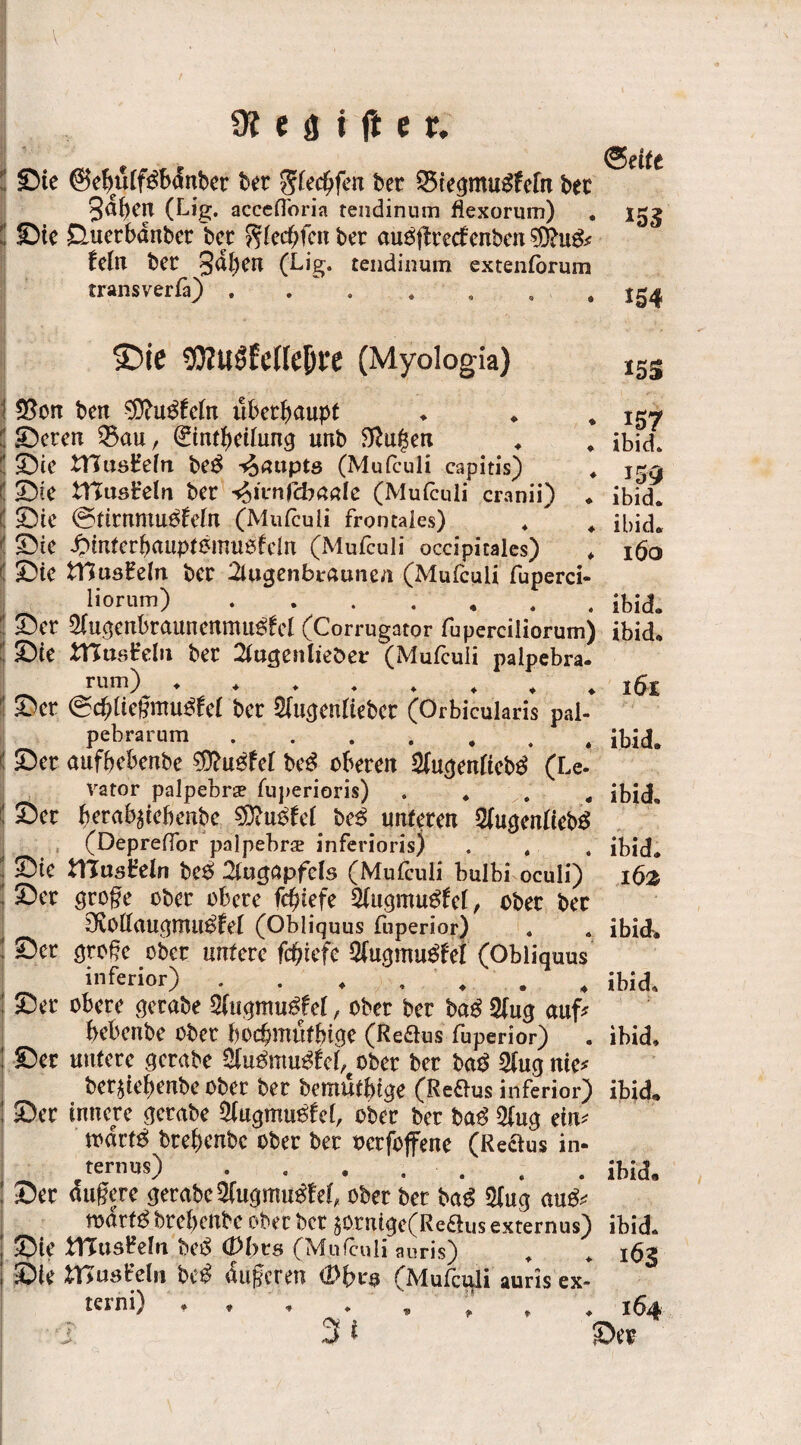 Sie ©ebülf^bdnber ber gfedjfeir ber Q5tegmugfefn ber 3<^()CIT (Lig. accefloria tendinnm flexorum) Sl Sie £Uterbdnber ber $(ecbfcnber autfjfrecfenben $0hi& fein bet (Lig. tendinum extenforum transverfa) :Die OD?USEc([e^l'e (Myologia) (Seife i53 154 I5S 15? ibid. ibid* ibid* 160 $on ben 9Dht$fc(n überhaupt Seren 35au, (^intbeüung unb $u£en Sie tHusHein be$ Haupts (Mufculi capitis) Sie tnusfc’eln ber ^ivnfcbaatc (Mufculi cranii) * Sie ©tirnmu^fein (Mufculi frontales) Sie Jbmtcrbaupfsmuefeln (Mufculi occipitales) Sie tHusHeln ber 2lugenbraunen (Mufculi fuperci- Horum).Ibid. Ser 2iu3enbraunenmu$fel (Corrugator fuperciliorum) ibid* Sie ZftmVeUi ber Stugenliebeo (Mufculi paipebra* mm) ♦ Ser ©cbiiegmu^fei ber Slucjeniieber (Orbicularis pal¬ pebrarum .. Ser aufbebenbe €0?u^fef beß oberen Sfu^eniieb^ (Le- vator palpebra fuperioris) . . . „ Ser b^ab^tebenbe $?u£fei beß unteren 2fucjenüeb$ (DeprelTor palpebra inferioris) . , Sie tXiasVcln be6 2tuc$apfds (Mufculi bulbi oculi) Ser groge ober obere fcbiefe 5fuqmu£fcf, ober ber SRotfauqmu^fef (Obliquus (uperior) . Ser ^ro§e ober untere fcbiefe 2fu<jmu$m (Obliquus inferior) . . * , Ser obere qetabe tyuqmußM, ober ber baß 2iug auf* bebenbe ober bochmüfbtge (Redus fuperior) Ser untere gcrabe &u$mu$fef, ober ber baß $ug nie* ber^iebenbe ober ber bemutbtge (Redus inferior) ibid« Ser innere gerabe 9fugmu$fd, ober ber baß 2(ug ein* todrf^ brebenbc ober ber oerfofene (Redus in- ternus) . . . . . . . ibid« Ser dugere gerabc5Cugmu$fd, ober ber baß 2fug aug* tourte* brebenbc ober ber £Otntge(Redus externus) ibid* Sie VCimMn beß (Dbvs (Mufculi auris) , + 163 Sie XttusMn beß duferen <2>bi*$ (Mufculi auris ex- terni) . . , * 164 J 3 i Ser 161 ibid. ibid. ibid. 16z ibid. ibid* ibid.