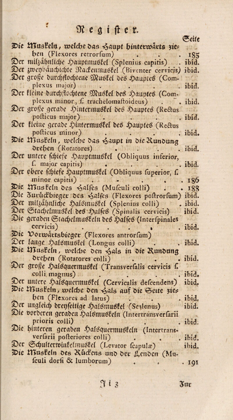 Seite 2Die tHusBefo, toelcbe bas -^aupt hintetwfate $ie* (?en (Fiexores retrorfum) . . . igg SDcr mKjd^nttc^c ^auptmu$fc( (Splenius capitis) . ibid. Ser ^ttJcpbduc^tcpfc 3vacfenmu$fef (Biventer cervicis) ibid. Ser groge butdiflochtene ®u$fef be5 JpaupteS (Com- plexus major) . ... ibid, Ser Heine barcfyfiocfytene be£ £aupfc$ (Com- plexus minor, f. trachelomaftoideus) . . ibid. 55er grofe gerobe £>intemu$fd be$ Jpaupte$ (Re&us pofticus major) .... ibid. Ser Heine gerabe #tntetmu£fef be$ dpvtupte^ (Redus pofticus minor) .... ibid« &ie tnusirebi, wefdae bas *5aupt in bte&tmöuncj Dreien (Rotatores) «... ibid» Ser untere fd^iefe Jpauptmu^fef (Obliquus inferior, f. major capitis) «... ibid. Ser obere fefgefe Jpauptmu^el (Obliquus fuperior, C minor capitis) . - ... 186 %&ie Muskeln bes paffes (Mufculi colli) . • ißg Sic JurucBbieget: bes '»Sßlfes (Fiexores poftrorfum) ibid. Ser mi^dbnlid)e Jpaf&nu^fcf (Splenius colli) . ibid. Ser ©tachefmu3£ef be$ Jpalfc^ (Sptnalis cervicis) ibid. Sie geraben @tachefmu$fefn be£ Jpaffe$ (l nterlpinales cervicis) ...» . ibid, 5Dic Pörroartsbieget: (Fiexores antrorfum) Ser fange Jbaf^muPlef (Longus colli) . . ibid. IDie tITttöBefn, n?eld?e ben ^als in bie Rundung btreben (Rotatores colli) . . . ibid. Ser gro§e $af$guetnui$fcf (Transverfalis cervicis C colli magnus) . . . ibid« Ser untere $af$gucrntu$fcf (Cervicalis defeendens) ibid. &ic tHusBcln, iwefcbe ben ^als auf bie 0>ette $ie* ben (Fiexores ad latus) . . ibid, Ser ungleich brepfeitige ibaf$mu3fef (Se^lenus) ibid. Sie borberen getaben Jpaf^mu^Cefn (Intertransverfäril prioris colli) . . . ibid, Sic hinteren. gcraben £af£qucrmu£fefn (Intertrans- verfarii pofteriores colli) . . , ibid* Ser ©cbultcminfefmu^ef (Levator fcapuls) ibid. iOic tHusBeln Des RucBens unb ber ilenben (Mu¬ fculi dorfi 6c lumborum) . 191