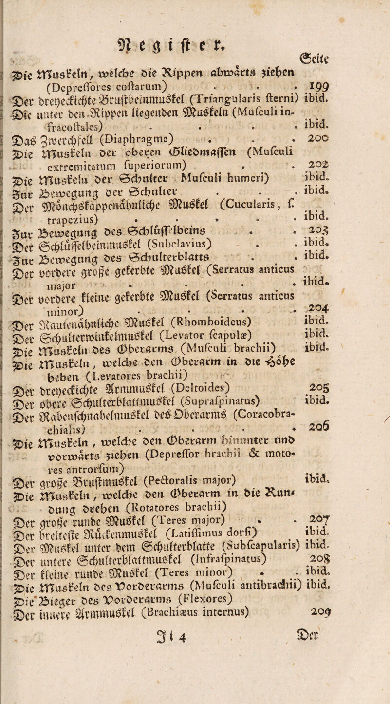 (Seite pie ttlttsHefn, weldbe bie Rippen ßbwdm sieben (Dcpreffores coftarum) . • • 199 ©€t bcepeücßte sörujlbeinmuöfct (Triangularis fterni) ibid. Stc unter ben dÜppcix liegeixben $Ku$fefa (Mufculi in- fracoftaies) * • • ©a3 Smetcbfeft (Diaphragma) j^ie tnusMn bet oberen (0liebniß(jen (Mufculi extremiutnm fuperiorum) . ^Die ITCttöEelti ber ©cbultei: Mufeuli humeri) £utr Bewegung Der 0dbultei* 2>cr ^oixcß^appendMicße $0to$£e£ (Cucuiaris3 £ rrapezius) • • • £ur Belegung bes 0dbluflMbcins ©et ©cb£üffe£beittmu$£el (Subclavius) aur Bewegung bes 0cbultetrblatts ©ec wbere groge gelebte $?a£tel (Serratus anticus ibid. 200 202 ibid. ibid. ibid. 201 ibid. ibid. major ibid. 204 ibid. ibid. ibid. 20g ibid. 2q6 ©cc ooebere freitxe gefetbte 3ftu3£el (Serratus anticus minor) ©et Stautendbutic^e (Rhomboideus) ©ec ©d;ultecmiuteimu^fel (Levator fcapula?) 5>ie trtosEctn bes (Dbetmms (Mufculi brachii) ^ ^?ie musbdn, welche beit (Dberßrm in bte ^oiyt beben (Levatores brachii) ©ec brepeefteßte 5(rmmu$fcl. (Deltoides) ©ec obere @cßulterMattmu$£et (Supra.fpinatus) ©ec ^abenfc^ixabelmu^Cel be££>betarm$ (Coracobra- chiaiis) • • • * ^Die tftusEeln , welche ben (Pberßirm binantet: unb vorwärts Riehen (Deprcflor brachii 6c moto- res antrorfum) ©ec große iScuftmu^fel (Peftoralis major) XYlnstchi, welche beu (Pbcrßrm in bie &un* Dung breben (Rotatores brachii) ©ec große timbe ^uofel (Teres major) ©cc brelfcfte 9iüc£emxxu^!cl (Latiffimus dorfi) ©er s^u^fel unter bem ©cßuftetblaffe (Subfcapularts) ibid, ©er untere ©dfjutfcrWattmuäfet (infrafpinatus) 20g ©ec fleitxe rmxbe (Teres minor) ibid. &ic LHust’efn bes X>orber«rms (Mufculi antibradiii) ibid. 2Die Bieget Des Vorher atms (Flexores) ©CC innere Sftmmu^el (Brachiaeus internus) 20f 3 i 4 Set ibid, 207 ibid.