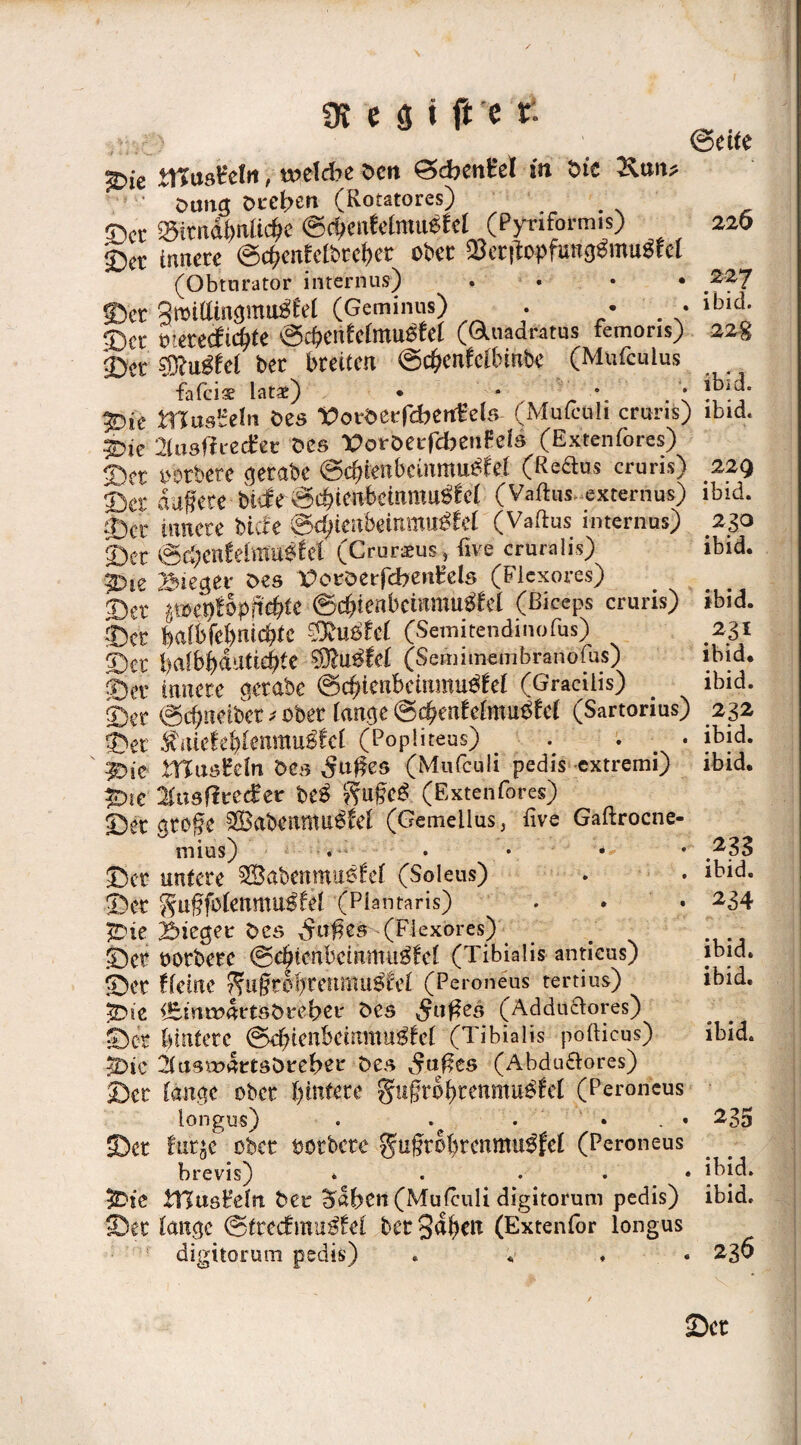 £>ie tftusHefn; toelcfre Dort ©cbenHel m Die Dung; Dreien (Rotatores) ©er SBttnd&nOc&e ®c$w£e(mu$fcl. (Pyriformis) ©cc innere ©eßenfefbteßet ober ®er#opfira8$mu$fcl (Obturator internus) . . . . ©et 9ttHtUngmtI$M (Geminus) . • . • ©er mereefießte ©cßenfelmu^fel ((duadratus temoris) ©et ?0?u$fel bet breiten ©cßcnfcibmbe (Mufculus fafeis lata) • ■ ' \ . '* 3Die musHeln Des VoröerfcbertHds- (Mufcuh cruris) 5bie Sfosficecfet Des VotsnfdbtnHls (Extenfores) ©et oorbere gerabe ©cßtenbemmuSfei (Redus cruris) ©er äußere biete©cßtenbeinmu^fel (Vaftus externus) ©er innere biete &d)wxbm\m$ki (Vaftus internus) ©er ©tfienfdmuofel (Crurams, five cruralis) 5bie Bieger Des tforöerfcbenEels (Fiexores) ©er imtßpfifytt (t5d}kabcmm$id (ßiceps cruris) ©er fcaü&fdjmc&te Mußtet (Semitendinofus) ©er balbbdaüd)k $?u^fef (Semimembranofus) ©er innere gerabe ©cßienbeütmu^fel (Graciiis) ©er ©ebneiber * ober lange ©cbenfelmu^fct (Sartorius) ©er ^iuefeb(enmu^!c( (Popüteus) . * # • ^Die tXUiöMn Des ^ußes (Mufculi pedis extremi) £>t C 2tasfirec^er be$ $uße£ (Extenfores) ©er große SBabewmiSfef (Gemeilus, five Gaftrocne- mius) . • • *> ©er untere SQ&abenmusfcf (Soleus) ©er gußfoienmu^fel (Plantaris) . • • pie Bieget Des 5ußes (Fiexores) . ©er oorberc ©cbicnbctnmu^fel (Tibialis anticus) ©er tkine ^llßrobremnu^fei (Peroneus tertius) 2Die <Emn?<$t:tSDtc|>et' öes Grußes (Adduclores) ©er Untere ©eßienbcmmu^fel (Tibialis pofiicus) 5Dic 21tfsm4ttsDtef>et Des Sttßts (Abdu&ores) ©er länge ober hintere gußtobtenmu^fel (Peroneus longus) . . . • . • ©er für je ober oorbete gußtobrcnmu^fcl (Peroneus brevis) * . 3Die tHusHeln Der falben (Mufculi digitorum pedis) ©er lange ©trccfmiis^ci bet Saßen (Extenfor longus digitorum pedis) ©eite 226 227 ibid. 22 g ibid. ibid. 22g ibid. 230 ibid. ibid. 231 ibid. ibid. 232 ibid. ibid. 233 ibid. 234 ibid. ibid. ibid. 235 ibid. ibid. 236