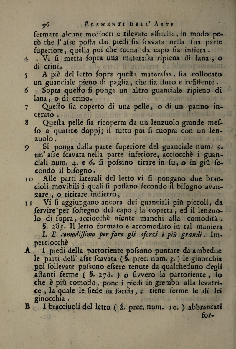 fermare alcune mediocri e rilevate alliccile, in modo pe¬ rò che Tafse pofta dai piedi Ha fcavata nella l'uà parte fuperiore, quella poi che torna da capo fia intiera . 4 . Vi fi metta fopra una materafsa ripiena di lana * o di crini.. 5 A piè del letto fopra quella materafsa , fia collocato un guanciale pieno di paglia, che fia duro e refluente. 6 Sopra quello fi ponga un altro guanciale ripieno di lana, o di crino. 7 Quello fia coperto di una pelle, o dì un panno in¬ cerato , 8 Quella pelle fia ricoperta da un lenzuolo grande mef- fo a quattri doppj ; il tutto poi fi cuopra con un len¬ zuolo . 9 Si ponga dalla parte fuperiore del guanciale num. 5. un* afse fcavata nella parte inferiore, acciocché i guan¬ ciali num. 4. e 6, fi pofsano tirare in fu, o in giù fe¬ condo il bifogno. 1 o Alle parti laterali del letto vi fi pongano due brac¬ cioli movibili i quali fi poflano fecondo il bifogno avan¬ zare , o ritirare indietro, li Vi fi aggiungano ancora dei guanciali più piccoli, da fervi re‘per foltcgno del capo , la coperta, ed il lenzuo¬ lo di fopra, acciocché niente manchi alla comodità. §. 285. Il letto formato e accomodato in tal maniera I. E c9vnodtJJtmo $er fare gli sforzi i -più grandi. Im¬ perciocché A I piedi della partoriente pofsono puntare da ambedue le parti dell' afse fcavata (§. prec. num. 3.) le ginocchia poi follevate pofsono efsere tenute da qualcheduno degli alianti ferme ( §, 278. ) o Avvero la partoriente , lo che è più comodo, pone i piedi in grembo alla levatri¬ ce , la quale le fiede in faccia, e tiene ferme le di lei ginocchia . B I bracciuoli del letto ( §. prec. num. io. ) abbrancati for- /