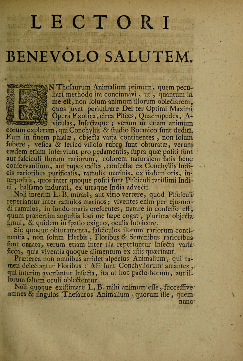 BENEVOLO SALUTEM. N Thefaurum Animalium primum, quem pecu¬ liari methodo ita concinnavi, ut , quantum in me eft,non folum animum illorum obleftarem, quos juvat perluftrare Dei ter Optimi Maximi Opera Exotica,circa Pifces, Quadrupedes, A- viculas, Infeftaque ; verum ut etiam animum eorum explerem, qui Conchyliis & ftudio Botanico funt dediti. Eum in finem phialae, objefta varia continentes , non folum fubere , vefica & ferico villofo rubrg funt obturatae, verum^ eaedem etiam inferviunt pro pedamentis, fupra quae pofiti funt aut fafciculi florum rariorum, colorem naturalem fatis bene Gonfervantium, aut rupes exiles ,confe(flae ex Conchyliis Indi-- eis rarioribus purificatis, ramulis marinis, ex iisdem oris, in- terpofitis, quos inter quoque pofiti funt Pifciculi rariflimi Indi-' ei , balfamo indurati, ex utraque India advecti. Noli interim L. B. mirari, aut vitio vertere, quod Pifciculi' reperiantur inter ramulos marinos; viventes enim per ejusmo¬ di ramulos, in fundo maris crefcentes, natare in confelfo efl,, quum praefertim anguflia loci me faspe cogat, plurima objecSa'» limul, & quidem in fpatio exiguo, oculis fubjicere. Sic quoque obturamenta, fafciculos florum rariorum conti¬ nentia , non folum Herbis, Floribus & Seminibus rarioribuS' funt ornata, verum etiam'inter illa reperiuntur Infetta varia’- ficca, quia viventia quoque alimentum ex iftis quaeritant. Praeterea non omnibus arridet afpeftus Animalium ,- qui ta¬ men delettantur Floribus : Alii funt Conchyliorum amantes qui interim averfantur Infedta, ita ut hoc paiflo horum , aut il-- lorum faltem oculi obleftentur; Noli quoque exiflimare L. B. mihi animum'efle, fucceflive‘ omnes & fingulos Thefauros Animalium (qiiorum ille, quem^ nunc-'