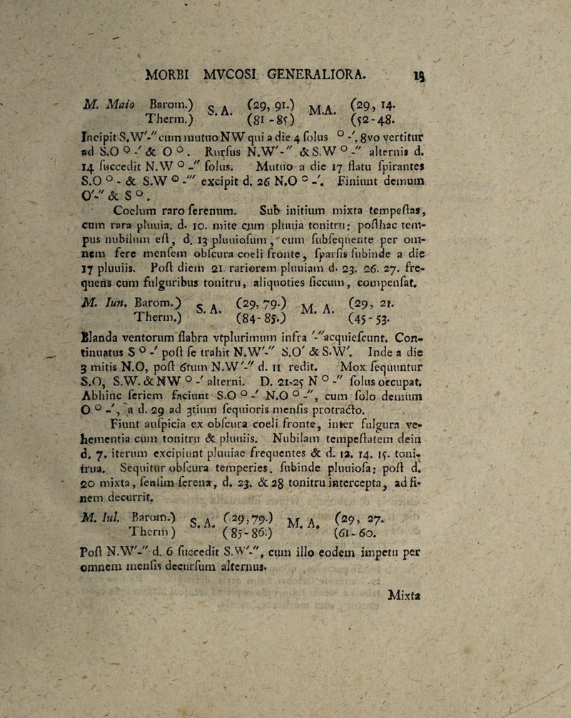 M. Maio Barom.) o A (29,91.) MA (20,14. Therm,) (gi -«) M (f2-4g. Incipit S*W'-cum mutuo NW qui a die 4 (olus 0 gvo vertitur ad S.O 0 <5c O 0 . Rurfus N.W'- & S.W 0alternis d. 14 fwccedit N.W 0 -/x folus. Mutuo a die 17 flatu fpirantes S.O 0 - & S.W 0 excipit d. 26 N.O 0 Finiunt demum 0'- & S 0. Coelum raro ferenum. SuR initium mixta tempeflas, cum rara pluuia. d. 10. mite cjum pluuia tonitru; poflliac tem¬ pus nubilum eA, d. 13 pluuiofum , cum fubfeqnente per om¬ nem fere menfem obfcura coeli fronte, fparfls fubinde a die 17 pluuiis. Pofl diem 21 rariorem pluuiam d. 23. 26. 27. fre¬ quens cum fulguribus tonitru, aliquoties ficcum, compenfat. M. Iun♦ Barom.) - . (29,79.) M A (29, 2f. Thcrin.) ;. * (84-810 M’A* (45* 53- Blanda ventorum flabra vtplurimum infra acquieicunt. Con¬ tinuatus S 0 poft fe trahit N.W'- S.O' & S.W'. Inde a die 3 mitis N.O, pofl 6tum N.W'- d. 11 redit. Mox fequuntur S.O, S.W. & NW 0 alterni. D. 21-25’ N 0 folus occupat. Abhinc feriem faciunt S.O 0 - N.O 0 cum folo demum O 0 a d. 29 ad 3011111 fequioris menfis protradlo. Fiunt aulpicia ex obfcura coeli fronte, inter fulgura ve¬ hementia cum tonitru & pluuiis. Nubilam tempeflatem dein d. 7. iterum excipiunt pluuiac frequentes & d. 12. 14. 15. toni¬ trua. Sequitur obfcura temperies, fubinde pluuiofa; pofl d. 20 mixta, fenflm ferena, d. 23. &2§ tonitru intercepta ? ad fi¬ nem decurrit. M.lul. Barom.) s.A. ^79-1 M. A. f29’ =7- ?' ' Therm) (85-86.) (61-60. Pofl N.W'- d. 6 fuccedit S.WV^ cum j|]0 eodem impetu per omnem menfis dccurfum alternus. Mixta