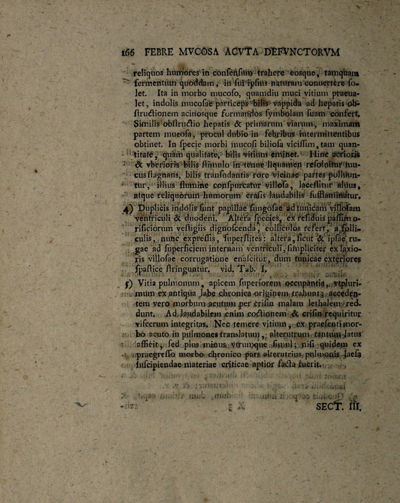 reliquos humores' in conferifum trahere eosque, tamquam fermentum quoddam, iii fui ipfius naturam conuertere fo» let. Ita in morbo mucofo, quamdiu muci vitium praeua- let, indolis mucofae particeps bilis vappida ad hepatis ob- ftrudionein acinosque formandos fymbolam fuam confert. Similis obllrudio hepatis & primarum viarum, maximam partem mueofa, procul dubio in febribus intermittentibus obtinet In fpecie morbi jnucofi biliofa viciflim, tam quan¬ titate, quam qualitate, bilis vitium eminet1 Mine acrioris ' vberioris bilis hiinulo in tetane liquamen refoluitur hui- - cushagnans, bilis trdnfudantis rore ‘vicinae partes polhlurv- *- tur, illius flumine epnfpurCatur yillofa, laceflitiir aliius, atque reliquorum humorum erafls laudabilis fufflairiiniatur* ^j.) Duplicis indolis'funt papillae fungofae ad tunicam villofam ventriculi di'duodeni. \'A^ra’fpccies? :cx reflduis patfmro- rificiorum yeftigiis dignofeendacolliculos refert , a folli¬ culis, nunc expreflis, fuper Aites: altera,fleut & ipfae'ru¬ gae ad fuperficiem internam ventriculi, (impliciter cxlaxio¬ ris villofae corrugatione enafeitiir, dum tunicae exteriores fpaflice flringuntur^ vid. Tab. I. $•) Vitia pulmonum, apicem fuperiorem Qcctipantia,, vtpjuri- f- j mum ex antiqua labe chronica originem trahunt j accaden¬ tem yero morbum .aciitum per crifm malam lethalem; red¬ dunt. Ad, laudabilem enim codionem & crifin requiritur vifcerum integritas. Nec temere vitium, ex praefentimor¬ bo acuto jn pulmones translatumalterutrum tantum latus • afficit, fed plus minus vtrumque hmul; pifi quidem ex -r praegrefio morbo chronico pars alterutrius pulnnoriis jaefa iufeipiendae materiae criticae aptior fada fuerit. r/s,- u i ■ iilZ&i mu iriWF) un y Ai. SECf. III. V