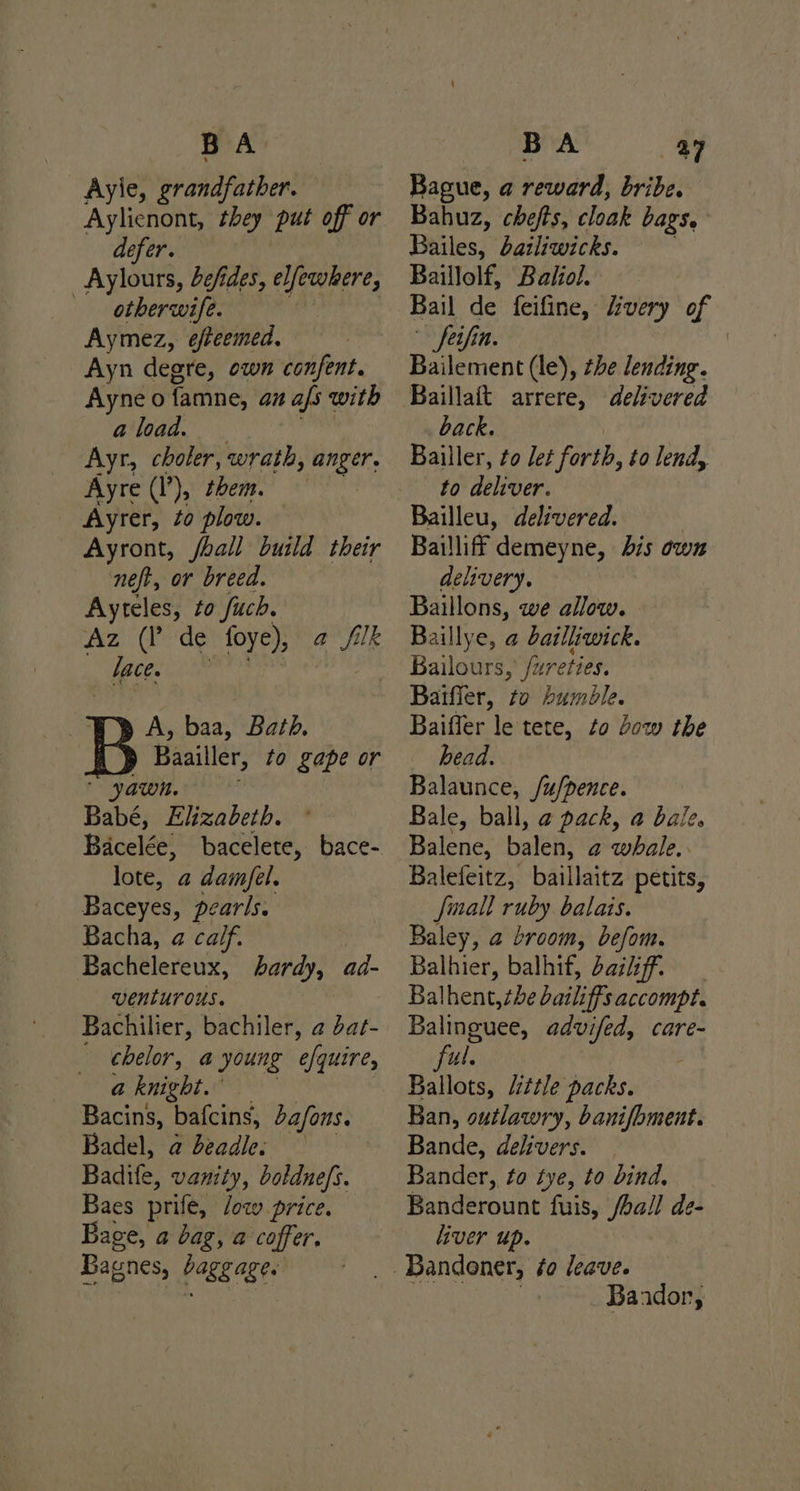 BA Ayle, grandfather. Aylienont, they put off or defer. Aylours, befides, elfewhere, — otherwife. Aymez, efteemed. Ayn degre, own confent. Ayne o famne, az afs with a load. Ayr choler, wrath, anger. Ayre (1’), them. Ayrer, to plow. Ayront, jhall build their neft, or breed. Ayteles, to fuch. Az (P de foye), a filk lace. A, baa, Bath. Baailler, to gape or yawn. Babé, Elizabeth. Bacelée, bacelete, bace- lote, a damfel. Baceyes, pearls. Bacha, a calf. Bachelereux, bardy, ad- venturous. Bachilier, bachiler, a dat- chelor, a young efquire, a knight. Bacins, bafcins, a/ons. Badel, a deadle. Badife, vanity, boldne/s. Baes prife, low price. Bage, a bag, a coffer. Bagnes, baggage. BA ay Bague, a reward, bribe. Bahuz, chefts, cloak bags. Bailes, bailiwicks. Baillolf, Baliol. Bail de feifine, very of Bailement (le), the lending. Baillaft arrere, delivered back. Bailler, to let forth, to lend, to deliver. Bailleu, delivered. | Bailliff demeyne, dis own delivery. Baillons, we allow. Baillye, a dailliwick. Bailours, fureties. Baifler, zo bumble. Baiffer le tete, to bow the head. Balaunce, /u/pence. Bale, ball, @ pack, a bale. Balene, balen, a whale.. Balefeitz, baillaitz petits, Jmall ruby balaits. Baley, a broom, befom. Balhier, balhif, bailiff. Balhent, the bailiffs accompt. Balinguee, advifed, care- ful. Ballots, little packs. Ban, outlawry, banifbment. Bande, delivers. — Bander, fo tye, to bind. Banderount fuis, /ball de- liver up. Bandor,