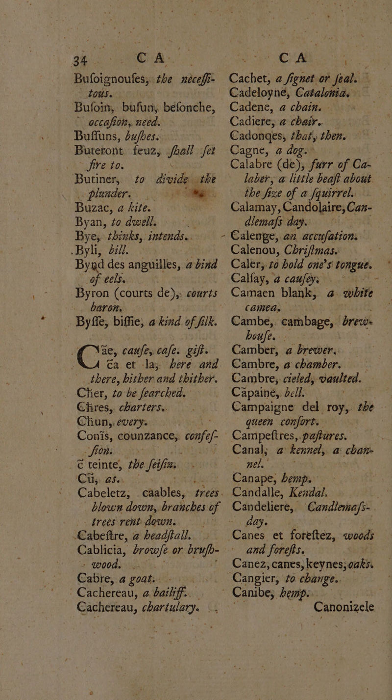 BA. c Bh Bufoignoufes, the necefi- ' tous. Buloin, bufuny. befonche, * accafton, need. Buffuns, du/bes. Buteront. feuz,. ek fet frre to. Butiner,, plunder. Buzac, a kite. Byan, to dwell. Bye, thinks, intends. Byhi, a7. Byad des anguilles, a bind ea velo oN Byron (courts de),- courts baron. | Byfle, biffie, a kind of filk C= caufe, cafe. gift. ¢a et la; here and _. there, hither and thither. _ Cher, to be fearched. Chires,. charters. Cliun,, every. vw Conis, counzance, confi fe fi LOIS.) - € teinte, the Seifin is Glia eta ls : Cabeletz, Sables uk. blown down, branches of . trees rent down. Cabeftre, a headftall. Cablicia, browse. or el WOOds ica to wide the Cabre, a goat... (C achereau, a. beak iff Cachereau, chartulary. “4 ‘ CA + Cachet, @ fignet or feal. Cadeloyne, Catalonia, Cadene, a chain. » Cadiere; a chair. — Cadonges, that, then. Cagne, a dog. laber, a little beaft about. the fi fze of a fquirrel.. Calamay, Candolaire, Can- dlemafs day. Calenge, an accufation: Calenou, Chrifimas. Caler, zo hold one’s ‘ver Calfay, @ caufey: - Camaen blank, a wibite camea. Cambe,. cambage, bred. houfe. . Camber, a ‘Breede Cambre, a chamber. Cambre,. cre/ed, vaulted. Capaine, dell. ae Campaigne delaras the - queen confort. | Campettres,.pajftares. Canal; @ kennel, a: chan- nel. alae Canape, hemp. Candalle, Kendal. ae Candeliere, Candlemafs-. ; aay. ana forefts. Canez, canes, keynes, oaks. Canonizele