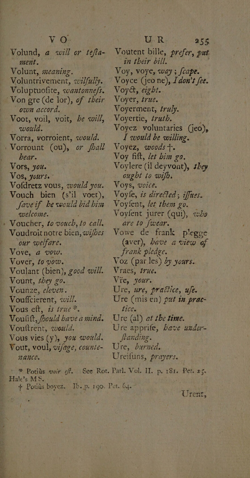 Volund, a will or tefta- ment. Volunt, meaning. Voluntrivement, zevzJfully. Voluptuofite, wantonne/s. own accord. Voot, voil, voit, be will, would. Vorra, vorroient, would, Vorrount (ou), o7 f/hall hear. Vors, you. Vos, yours. Vofdretz vous, ewould you. Vouch bien (s’i1 voet), faveif be would bid bim welcome. Voudroit notre bien, wi/bes ‘our welfare. Vove, a vow. Vover, to vow. Voulant (bien), good well. Vount, they go. Vounze, eleven. Vouffcierent, z7//. Vous eft, 25 true*. Voulift, ould have a mind. Vouttrent, would. Vous vies (y), you would. Vout, voul, vifage, counte- nance. — ' * Potils voir off. + Potids boyez. Ib. p. a Voutent bille, prefer, put in their bill. Voy, voye, way ; fcape. Voydt, eight. Voyer, érue. Voyertie, ¢ruth. Voyez voluntaries (jeo), I would be willing. Voyez, woods +. Voy fit, let bim go. Voylere (il deyvont), shep ought to wifh. Voys, voice. Voyle, ts directed; iffues. Voyfent, let them go. Voyfent jurer (qui), wo are to fwear. Vowe de frank plegge (aver), have a view of frank pledge. Voz (par les) dy yours. Vraes, true. Vie, your. Ure, ure, practice, ata Ure (mis en) put tn prac- tices | : Ure (al) at the tive. Ure apprife, bave uxder- franding. Ure, burned, Ureifuns, prayers. Parl. Vol. II. p. 781. Pet. 2%. Urent,