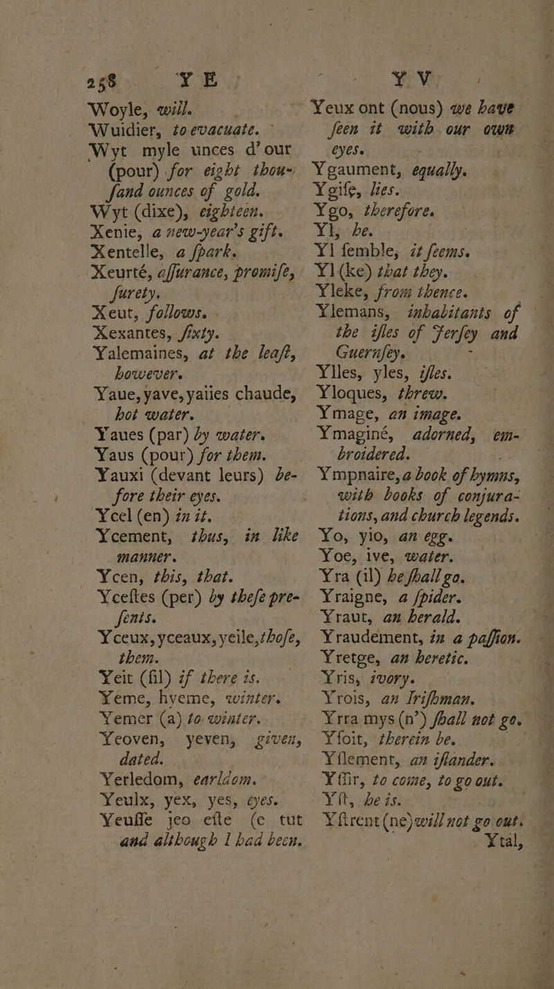 oxy. LE Woyle, wiil. Wuidier, to evacuate. Wyt myle unces d’ our fand ounces of gold. Wyt (dixe), eighicen. XKenie, a new-year’s gift. Xentelle, a /park. ‘Xeurté, afurance, premilt, Jurety. Xeut, follows. | Kexantes, fixty. Yalemaines, at the leaf, however. Yaue, yave, yaiies chaude, hot water. Yaues (par) dy water. — Yaus (pour) for them. Yauxi (devant leurs) Je- fore their eyes. ‘Yeel (en) 77 it. Ycement, shus, in like Manner . | PRN Pets yt bal. Yeeftes (per) by thefe pre- fenis. Yceux, yceaux, yeile,tho/e, them. Yeit (fil) if there zs. Yeme, hveme, winter. Yemer (a) fo wiater. Yeoven, yeven, given, dated. Yerledom, earldom. Yeulx, yex, yes, éyes. Yeuffe jco efte (ce tut and although | had been. Bh ae nape Yeux ont (nous) we have feen tt with. our owe eyes Ygaument, ‘equally. Yegile, les. Yeo, therefore. Year Y1 femble, 7¢ ie Y1 (ke) that they. Yleke, from thence. Ylemans, inhabitants of the ifles of ‘Ferfe 9 ana Guernfey. Yiles, yles, /les. Yloques, threw. Ymage, an image. Ymaginé, adorned, broidered. Ympnaire, a book of hymns, with books of conjura- tions, and church legends. Yo, ylo, an egg. Yoe, ive, water. Yra ‘(ill) he fhall go. Yraigne, a /pider. Yraut, an herald. Yraudement, iz a paffion. Yretge, an heretic. Yris, 7vory. Yrois, an lrifbman. cin- Yfoit, therein be. Yflement, am iflander. Yr, to come, to goout. Yftrent (ne)wall not go out. Y¥tal,