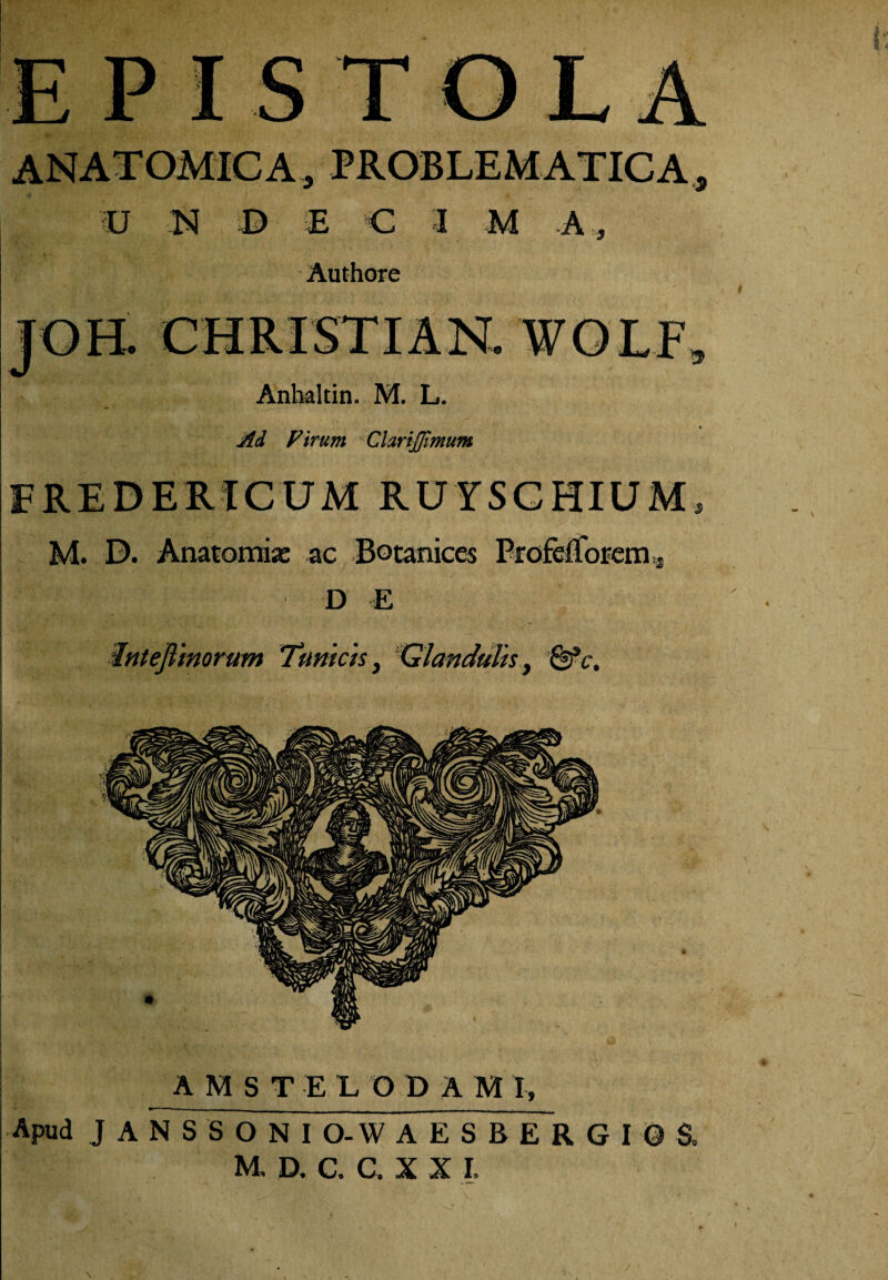 PIS TOLA o ;n © ■ E c Authore Antialtin. M. L. Md Virum Clarijjimum A , . D. Anatomia: ac Botanice^ ProfefToiiem D E intejimorum Tunicis j Qlandulisy Sfc. AMSTELODAMI, M, D. C. C. X X L