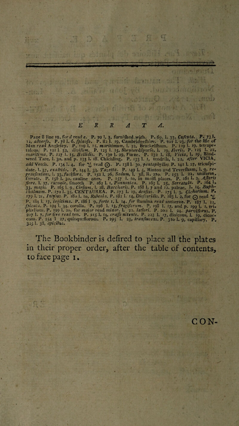 5 t « I ' - A. Paee 8 line 19, for J reail e. P. 29 1. 3. furnifhed with. P. 69, 1. 33, Cufcitta. P. 73 1. 12, adverfo, P. 78 1. 6,fpinofo. P. 82 1. r9, Cambridselhlre. P. 101 1. 23, for the Ifle of Man read Ant;leiey. P. Top 1. 15, maritimum, 1. 22, Brackellham. P. 119 1. I9» tetrai>c- lalous; P, I2I 1. 32, divifum. P. 123 I. 15, Shephcrdfiiurfe, 1. 1^, J’oeris. P. 125 1. 22, maritiiia. P. 127 1. \^, Bellidis. P. 130 1. 29, Furze. P. 132 1. 18, Vida, 1. 19, Bind¬ weed Tare, 1. 30, and p. 133 1. 18, Chichling. P. 133 1. r, tendrils, 1. 22, after VICIA. add'Vecch, P. 134]. 4, for “1|, read 0. P. 138 1. ^o, pentaph'^Uos P. 141 1. 27, tricufpi* date. 1, 37, exatbido. P. 144 1. 33. Tazetta. P. 149 1. Hinton and Teverlhain, 1. 9, re- ' praefentam, !. 2i,fudJiora. P. 152 1. 26, Sedum, 1. 38, R. 270. P. 153 1. 22, unifonn, ferrate. P. 156 1. 30. cauline ones. P. 157 1. lo, in moift places. P. i6r !• 2, Ajleris floros 1. 27, carnorc, fmooth P. 162 1. i, Pannonica. P. 163 1. 25, Serratul^- P* id4 1- *33. tnagis. P. 165 1. 9, Cirfium, 1. 28, Baccharh. P. 168 1. 7 and 12, paleae, !• Buph- ihalmum.P. 170 1. 35, CENTAUREA. P. 173 1. 19, denfius. P. 175 1, 3, cichorium. F, 179 1. 21, InifTUS- P. 180 1. ro, Rubeola. P. 182 1. 14, Diofcoridis. P. 183 1. 2, for Q read *51, P. 184 1. 17, legitima. P. 186 1 forte i, 1. 14, for (lamina read antherae. P. 187 1. ii, fpicata. P. 194 1. 34, corolla. 'P. 196 1. 13, fragiferum. P. tgS 1. ty, and p. 199 1. 1, tri- phvllous. P. 199 1. 20, for major read minor, 1. 22. lattori. p. 20.0 1. 24. parviflorus, P. 207 1. 7, for five read ten. P. 215 1. 14, crajfo nittnte. P. 223 1. 17, dioicous, I. 19, dicoc- cous. P. 254 1 27, quinquefloroiis. P. 295 1. 23, tran/lucens. P. 310 1. 9, capillary. P, 323 1. 38, dpidbus. The Bookbinder is defired to place all the plates in their' proper order, after the table of contents, to face page i. CON- (