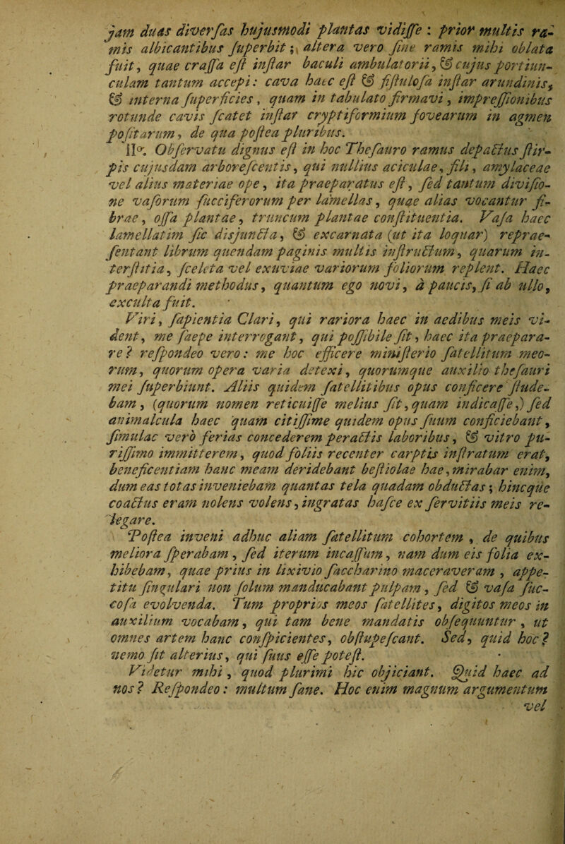 jam duas diverfias hujusmodi plantas vidijfie : f rior multis ra- jnts albicantibus Juperbit; altera vero fine ramis mihi oblata fuit, quae crajfa eft injlar baculi ambulatorii ,& cujus portiun¬ culam tantum accepi: cava hatc eft © fiftulofia inftar arundinis$ & interna fiuperficies, quam in tabulato firmavi, imprejjionibus rotunde cavis ficatet inftar cryptifiormium fovearum in agmen po(itarum ? de qua poftea pluribus. 11°; 06fervatu dignus eft in hoc Thefiattro ramus depaPlus ftir- pis cujusdam arboreficentis, qui nullius aciculae, fili, amylaceae vel alius materiae ope, ita praeparatus eft, fied tantum divifio- ne v a forum fiucci fer orum per lamellas, quae alias vocantur fi¬ brae , offa plantae, truncum plantae conflit nent ia, Vaja haec lamellatim fic disjunpfa, & excarnata {ut ita loquar) reprae- Jentant librum quendam paginis multis inftruPlum 3 equarum in- terjhtia 9 fceleta vel exuviae variorum foliorum replent. Haec praeparandi methodus, quantum ego novi, d paucis,fi ab ullo, exculta fuit. , fiapientia Clari, qui rariora haec in aedibus meis vi¬ dent, intevmogant, qui pojjibile fit •> haec ita praepara¬ re ? refipondeo vero: me hoc efficere minifterio fiatellitum meo¬ rum , quorum opera varia detexi, quorumque auxilio thefauri mei fuperbiunt. quidem fatellitibus opus conjicere finde¬ bam, {quorum nomen reticuife melius fit quam indicaffe f fied animalcula haec 'quam citijfime quidem opus fiuum conficiebant, fimulac vero ferias concederem per aPtis laboribus, & vitro pu- rijjimo immitterem, foliis recenter carptis inflratum eraty beneficentiam hanc meam deridebant beftiolae hae, mirabar enimy dum eas tot as inveniebam quantas tela quadam obduPlas\ hincqtie coaPlus eram nolens volens ingratas hafice ex fervit iis meis re¬ legare. ‘Poftea inveni adhuc aliam fiatellitum cohortem , de quibus meliora fperabam , fied iterum incaffum, nam dum eis folia ex¬ hibebam , quae prius in lixivio fiaccharino maceraveram , appe¬ titu fingulari non folum manducabant pulpam, fied & vafa fiuc- cofi evolvenda. Tum proprios meos fatellites, digitos meos in auxilium vocabam, qui tam bene mandatis obfequuntur , ut omnes artem hanc confpicientes, cbffupefcant. Sed5 nemo fit alterius, futis effe poteft. ViPetur mihi, quod plurimi hic objiciant. fjuid haec ad nos? Refipondeo: multumfiane. Hoc enim magnum argumentum vel i