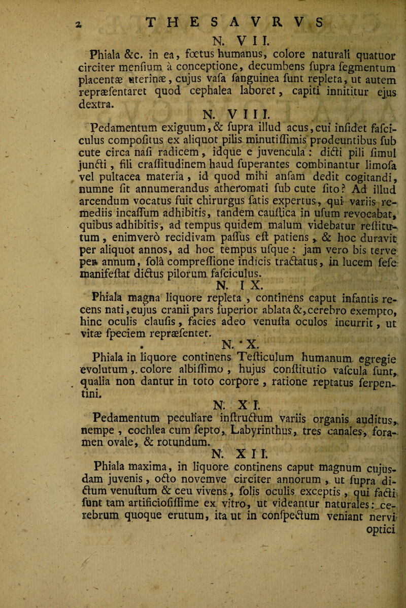 % N. V I I. 'Phiala &c. in ea, foetus humanus, colore naturali quatuor circiter menfium k conceptione, decumbens fupra fegmentum placentae nterinae, cujus vafa fanguinea funt repleta, ut autem reprsefentaret quod cephalea laboret, capiti innititur ejus dextra. N. V I I I. Pedamentum exiguum, & fupra illud acus, cui infidet fafci- culus compofitus ex aliquot pilis minutiffimis prodeuntibus fub cute circa naii radicem, idque e juvencula : difti pili fimul junfti, fili craffitudinem haud fuperantes combinantur limofa vel pultacea materia , id quod mihi anfam dedit cogitandi, numne fit annumerandus atheromati fub cute fito ? Ad illud arcendum vocatus fuit chirurgus fatis expertus , qui variis re¬ mediis incafium adhibitis, tandem caultica in ufum revocabat, quibus adhibitis , ad tempus quidem malum videbatur reftitu- tum, enimvero recidivam pafius e£t patiens , & hoc duravit per aliquot annos, ad hoc tempus ufque : jam vero bis terve pe» annum, fola compreflione indicis traftatus, in lucem fefe manifeftat didtus pilorum fafciculus. N. I X. ' '. , Phiala magna liquore repleta , continens caput infantis re¬ cens nati,cujus cranii pars fuperior ablata&,cerebro exempto, hinc oculis claufis, facies adeo venulta oculos ineurric, ut vitas fpeciem repraefentet. R * X\ Phiala in liquore continens Tefticulum humanum, egregie 'evolutum,. colore albiflimo , hujus confiitutio vafcula funt, qualia non dantur in toto corpore , ratione reptatus ferpen- tini. N: X I Pedamentum peculiare inftruftum variis organis auditus,, nempe , cochlea cum fepto,. Labyrinthus, tres canales, fora¬ men ovale, & rotundum. N. X II. Phiala maxima, in liquore continens caput magnum cujus- dam juvenis, ofto novemve circiter annorum , ut fupra di- flum venuftum & ceu vivens, folis oculis exceptis, qui fafti funt tam artificiofiffime ex vitro , ut videantur naturales .- ce¬ rebrum quoque erutum, ita ut in confpedum veniant nervi • optici N