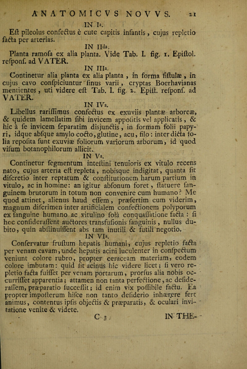 IN K Eft pileolus confedus e cute capitis infantis, cujus repletio fada per arterias. IN Uda. Planta ramofa ex alia planta. Vide Tab. I. fig. i. Epiftol. refponf. ad VATER. . IN Illa. Continetur alia planta ex alia planta , in forma fiftulae, in cujus cavo confpiciuntur finus varii, cryptas Boerhavianas mentientes, uti videre eft Tab. 1. fig. z. Epili. refponf. ad VATER. IN IVa. Libellus rariflimus confedus ex exuviis plantae arbores, & quidem lamellatim fibi invicem appofitis ve! applicatis, & hic a fe invicem feparatim disjundis, in formam folii papy¬ ri, idque abfque amylo codo,glutine, acu, filo: inter dida fo¬ lia repofita funt exuviae foliorum variorum arborum , id quod vifum botanophilorum allicit.. IN Va. Continetur Tegmentum intellini tenuioris ex vitulo recens nato, cujus arteria eft repleta, nobisque indigitat, quanta fit difcretio inter reptatum & conftitutionem harum partium in vitulo, ac in homine: an igitur abfonum foret, ftatuere fan- guinem brutorum in totum non convenire cum humano? Me quod attinet, alienus haud effera , praefertim cum viderim, magnum difcrimen inter artificialem confedionem polyporum exlanguine humano ac .vitulino fola conquaffatione f&da : fi hcc confideraffent audores transfufionis fanguinis, nullus du¬ bito, quin abftinuiflent abs tam inutili & futili negotio. IN VI*. Confervatur fruftum hepatis humani, cujus repletio fada per venam cavam,unde hepatis acini luculenter in confpedum veniunt colore rubro, propter ceraceam materiam, eodem colore imbutam: quid fit acinus hic videre licet; fi vero re- j pletio fada fuiftet per venam portarum, prorfus alia nobis oc- • curriflet apparentia; attamen non tanta perfedione, ac defide- rafiem, praeparatio iucceflit; id enim vix poftibile fadu. Ea propter impofterum hifce non tanto defiderio inhsr.ere fert animus, contentus ipfis objedis & praeparatis, & oculari invi- - tatione venite & videte. C-si - IN-THE- •