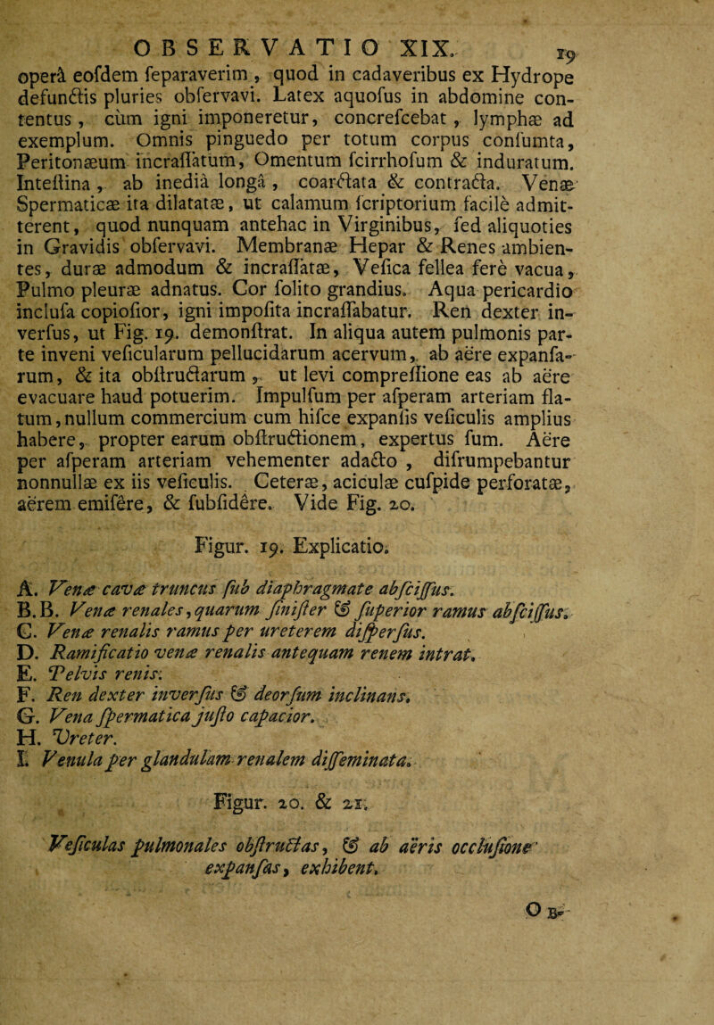 OBSERVATIO XIX. r9 operit eofdem feparaverim , quod in cadaveribus ex Hydrope defundis pluries obfervavi. Latex aquofus in abdomine con¬ tentus, cum igni imponeretur, concrefcebat, lymphae ad exemplum. Omnis pinguedo per totum corpus confumta, Peritonaeum incraflatum, Omentum fcirrhofum & induratum. Intefiina, ab inedia longa , coardata & contrada. Venas Spermaticae ita dilatatae, ut calamum fcriptorium facile admit¬ terent, quod nunquam antehac in Virginibus, fed aliquoties in Gravidis obfervavi. Membranae Hepar & Renes ambien¬ tes, durae admodum & incraftatae, Vefica fellea fere vacua, Pulmo pleurae adnatus. Cor folito grandius. Aqua pericardio inclufa copiofior, igni impofita incraflabatur. Ren dexter in- verfus, ut Fig. 19. demonftrat. In aliqua autem pulmonis par¬ te inveni veficularum pellucidarum acervum, ab aere expanfa-- rum, & ita obltrudarum ut levi compreflione eas ab aere evacuare haud potuerim. Impulfum per afperam arteriam fla¬ tum, nullum commercium cum hifce expanfis veficulis amplius habere, propter earum obftrudionem, expertus fum. Aere per afperam arteriam vehementer adado , difrumpebantur nonnullae ex iis veficulis. Ceterae, aciculae cufpide perforatae, aerem emifere, & fubfidere. Vide Fig. zo. Figur. 19. Explicatio; A. Vena cavatruncus fub diaphragmate abfcijfus. B. B. Vena renales,quarum Jinifter & fuperior ramus abfcijfus. C. Vena renalis i'amus per ureterem dijperfus. D. Ramificatio vena renalis antequam renem intrat. E. Telvis renis: F. Ren dexter inverjus & deorfum inclinans* G. Vena fpermatica jujlo capacior. H. Vreter. F Venula per glandulam renalem dijfeminata* Figur. 20. & m Vejiculas pulmonales objirullas, & ab aeris occtujiom' expanfasy exhibent, © B-