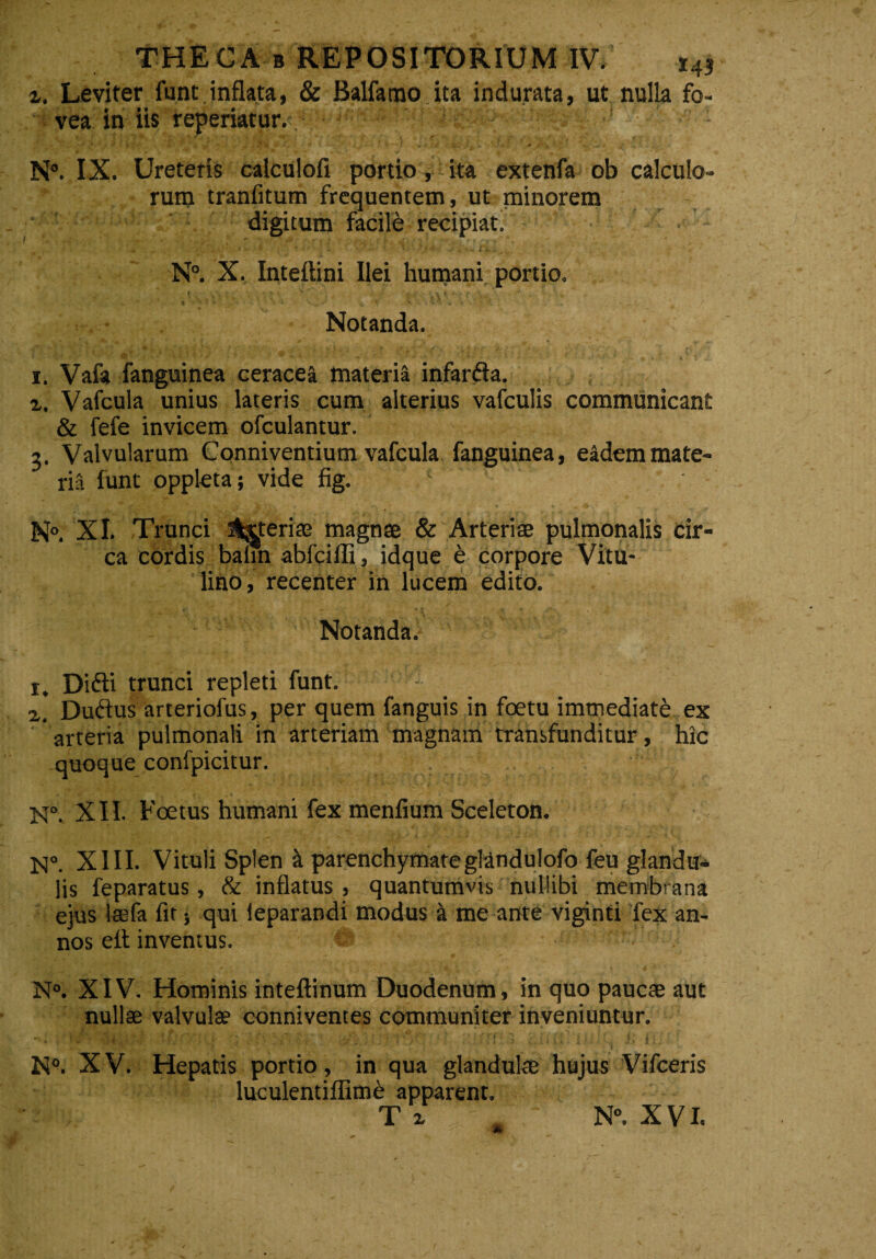 x. Leviter funt inflata, & Balfamo ita indurata, ut nulla fo¬ vea in iis reperiatur. N°. IX. Ureteris calculofi portio, ita extenfa ob calculo¬ rum tranfitum frequentem, ut minorem digitum facild recipiat. N°. X. Inteftini Ilei humani portio, * I i 1 \ ‘i- ' . »*’ \ V v v* * v ' ' Notanda. 1. Vafa fanguinea ceracea materia infarfta. a. Vafcula unius lateris cum alterius vafculis communicant & fefe invicem ofculantur. \ 2. Valvularum Conniventium vafcula fanguinea, eadem mate¬ ria funt oppleta; vide fig. 1 N°. XI. Trunci Asteriae magnae & Arteriae pulmonalis cir¬ ca cordis baiin abfoiili, idque e corpore Vitu¬ lino, recenter in lucem edito. Notanda. i. Diffi trunci repleti funt. i. Duirius arteriofus, per quem fanguis in foetu immediate ex arteria pulmonali in arteriam magnam transfunditur, hic quoque confpicitur. N°. XII. Foetus humani fex menfium Sceleton. N°. XIII. Vituli Splen & parenchymate glandulofo feu glandu¬ lis feparatus, & inflatus , quantumvis nullibi membrana ejus laefa fit} qui ieparandi modus i me ante viginti fex an¬ nos efl: inventus. N°. XIV. Hominis inteftinum Duodenum, in quo paucae aut nullae valvulae conniventes communiter inveniuntur. - * ! J • ' f • t ' )' v- N°. XV. Hepatis portio , in qua glandulae hujus Vifceris luculentiflinte apparent. Tz N». XVI.