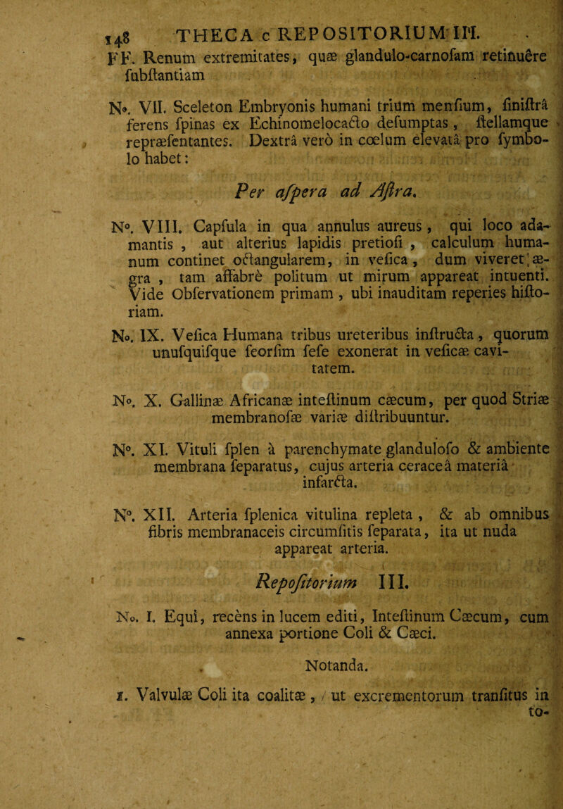 FF. Renum extremitates, quae glandulo-carnofam retinuere fubftantiam N». VII. Sceleton Embryonis humani trium menfium, finiftra ferens fpinas ex Echinomelocaflo defumptas, ftellamque repraefentantes. Dextra vero in coelum elevata pro fyrnbo- lo habet: Per afpera ad Aftra. N°. VIII. Capfula in qua annulus aureus , qui loco ada¬ mantis , aut alterius lapidis pretiofi , calculum huma¬ num continet oftangularem, in vefica, dum viveret;ae¬ gra , tam affabre politum ut mirum appareat intuenti. Vide Obfervationem primam , ubi inauditam reperies hifto- riam.  ‘ - ' '-A No. IX. Vefica Humana tribus ureteribus inftructa, quorum unufquifque feorfim fefe exonerat in veficae cavi¬ tatem. N». X. Gallina! Africanae inteflinum caecum, per quod Striae membranofae variae diflribuuntur. N°. XI. Vituli fplen -k parenchymate glandulofo & ambiente membrana feparatus, cujus arteria ceracea materia infarfta. * C/ r* M f N°. XII. Arteria fplenica vitulina repleta , fibris membranaceis circumfitis feparata, appareat arteria. ( 'i: ottortum III. & ab omnibus ita ut nuda No. I. Equi, recens in lucem editi, Inteflinum Caecum, cum annexa portione Coli & Caeci. Notanda. z. Valvulae Coli ita coalitae, / ut excrementorum tranfitus in to-