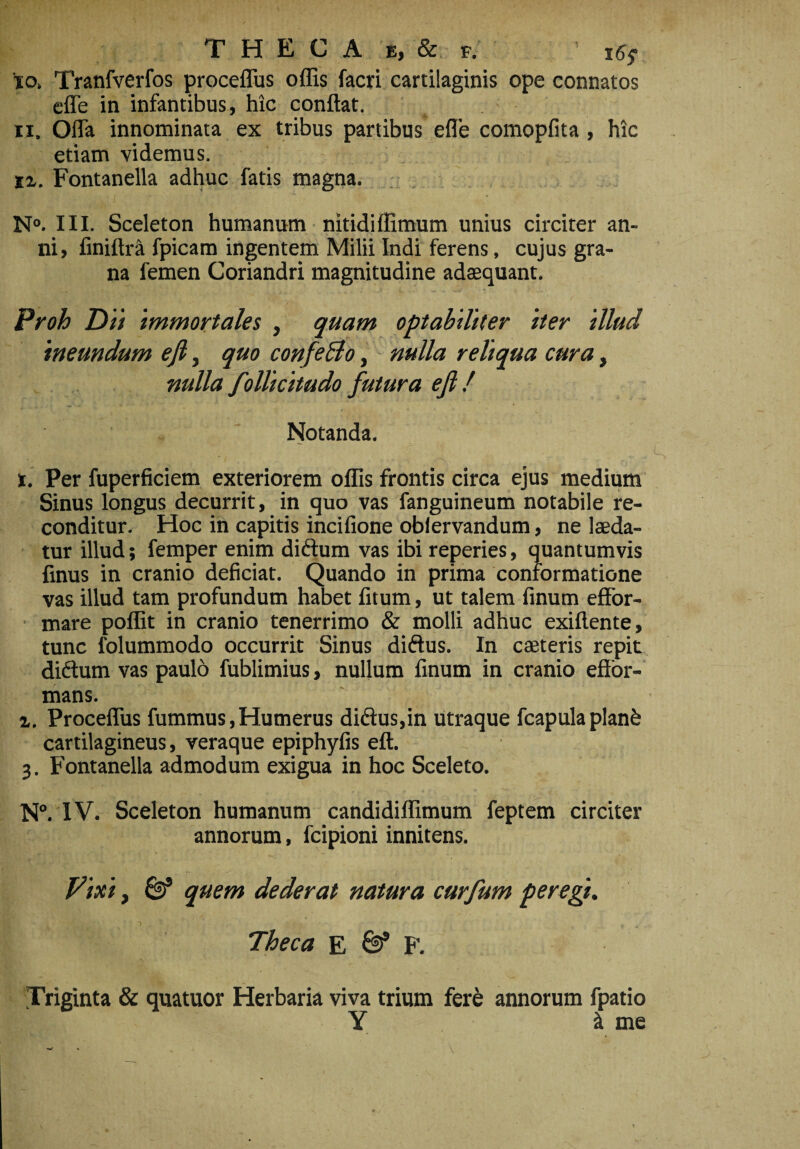 THECA Ej & f. ' 165- to, Tranfverfos proceflus offis facri cartilaginis ope connatos effe in infantibus, hic conflat. 11. Ofla innominata ex tribus partibus efle comopfita , hic etiam videmus. tz. Fontanella adhuc fatis magna. N°. III. Sceleton humanum nitidiffimum unius circiter an¬ ni, finiftra fpicam ingentem Milii Indi ferens, cujus gra¬ na femen Coriandri magnitudine adaequant. Proh Dii immortales , quam optabiliter iter illud ineundum efi, quo confeBo, nulla reliqua cura, nulla follicitudo futura ejl / Notanda. 1. Per fuperficiem exteriorem offis frontis circa ejus medium Sinus longus decurrit, in quo vas fanguineum notabile re¬ conditur. Hoc in capitis incifione oblervandum, ne laeda¬ tur illud; femper enim didum vas ibi reperies, quantumvis finus in cranio deficiat. Quando in prima conformatione vas illud tam profundum habet fitum, ut talem finum effor- mare poffit in cranio tenerrimo & molli adhuc exiftente, tunc folummodo occurrit Sinus didus. In caeteris repit didum vas paulo fublimius, nullum finum in cranio effor- mans. z. Proceflus fummus, Humerus didus,in utraque fcapula planfe cartilagineus, veraque epiphyfis eft. 3. Fontanella admodum exigua in hoc Sceleto. N°. IV. Sceleton humanum candidiffimum feptem circiter annorum, fcipioni innitens. Vixi, & quem dederat natura curfum peregi. T ? , Theca E & F'. Triginta & quatuor Herbaria viva trium fere annorum fpatio