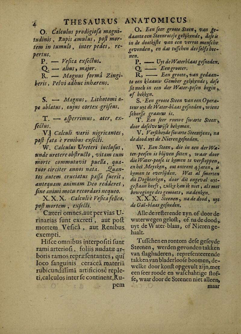 THESAURUS ANATOMICUS tudinis , Rapis amulas, pojl mor¬ tem in tumulo, inter pedes, re¬ pertus. P. — Ve fica exfettus* Ql — major. R. — Magnus forma Zingi* fow , adhuc inharens. S. —- Magnus, Lithotomi o.- jpf ablatus t cujus cortex grifeus. T. — ajperrimus, ^x- feclus. V4 Calculi varii nigricantes, pof fata e renibus exfeili. W. Calculus Ureteri iuclufus, uretere obflruffo , vitam cum morte commutavit puella, tuor circiter annos nata, Quan¬ tos autem cruciatus paffa fuerit, antequam animam Deo redderet, fine animi motu recordari nequeo. X. X. X. Calculie Vefca fellea, pofl mortem , exfeBi. Cseteri omnes,aut pervias U- rinarias funt excreti , aut pofl mortem Vefica , aut Renibus exempti. Hifce omnibus interpofitifunt rami arteriofi, foliis nudatas ar¬ boris ramos reprasfentantes, qui loco fanguinis ceracea materia rubicundiffima artificiose reple¬ ti,calculos inter fe continent,Ru¬ pem daanteeen Steenrotsjegetijkende, # ^ dootkifte van een verrot menfche gevonden5 en dat tujjchen desfelfs bee* nen. p. Ujt deWaterblaas gefneden. Q. — Eengroot er. R. — Een groote, van gedaan- een klaauw Gember gelykende $ defe Jit noch in een der Water-pefen begin 5 o/ bekken. S. groote Steen van een Opera~ teur ujt de Water-blaasgefneden , wiens fchorjfe graauv). is. T. Een Jeer rouwe fu*arte St een y door defelve wijfe bekomen. V. Verfcheyde fwarte Steentjens9 na de.dooduyt de Nieren gefneden. W. Een Steen r* die in een derWa- ter-peefen is blijven Jitten , waar door dieWater-peefe is kowen te verfloppeny enhei Meysken9 out ontrent qjaren y is komen te overljden. Wat al fmerten dit Doghterken, door dit ongeval uyt- geftaan heeft 9 zjtlkx kan ik met, ais met beweginge desgemoets, nadenken. X. X. X. St e e nen y na de dood, ujt de Gal-blaasgefneden. Alie de refterende zyn. of door de waterwegengeloft, of nadedood*. uyt de Water-blaas, of Nieren ge- haalt. Tuffchen en rontom defe gefeyde Steenen, werden gevonden takken van Haghaderen , reprefenteerende takken van bladerloole boomen, de- welke door Itonii opgevult zijn,met eenfeerroode en wafchahtige flof- fe, waar door de Steenen niet alleen, maar