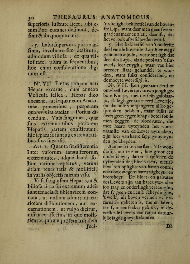 fuperioris luftrare licet, ubi e- nimPori cutanei definunt, de- finit& ibi quoque cutis. > 5'. Labii fuperioris portio in¬ fima, involucro fuo deflituta, admodum villofa : de quavil- lofitate, plura in fequentibus; lioc enim confideratione dig¬ num eft. ' j ■» ■ • ’ . N*. VII. Fcetus jamjam nati Hepar excarne , cum annexa Veficula fellea r. Hepar dico excarne, ut loquar cum Anato- mix proceribus , perperam quamvis itaaudiat : Potius di¬ cendum, Vafafanguinea, quae fuis extremitatibus potiorem Hepatis partem conftituunt, liic feparata funt ab extremitati¬ bus fuis fuccofis. Noli. Quanta fit differentia anter vaforum fanguiferorum extremitates , idque haud fo¬ tum ratione reptatus , verum etiam tenacitatis & mollitiei, an variis objeftis mirum vifu. Vafa fanguifera Hepatis,ut & fiiliofa circa fui extremum adeo fiunt tenacia &fibi invicem con¬ nata, ut nullam admittant cu- riofam diffolutionem , aut ex- carnationem, ut vulgo dicitur, nifi in eo affeftu > in quo molli¬ tiem acquirunt prasternaturalem ' ’ V 1 -W- • Jea- *t vliefighe bekleetfel van de bovet> EeLip, want daar mengeen fwect- gaatjensmeerenziet, daarift, dat het vel ook afgefcheyden word. y. Hec bekleetfel van ’tonderfte deel vandebovenfte Lip hierweg- genomen zijnde, vertoont figh dat deel des Lips, ais depoolvan^t flu- weel, feer ruygh , waar van hier breeder flaat] gehandelt te wor- den, want fulks confiderabel, en de moey te weerdigh is. N°. VII. E^n geexcarneerd of ontvleefl: Lev^rtje van een jongh ge- bore Kintje, met des felfs galblaas- je, ik fegh geexcarneerd Levcrtje, om dat onfe voorgangeren alfoo ge- fprooken hebben , maar fulks en heeft geen eygenfchap; beter foudc men zeggen, de bloedvaten, die met haare uyteynden het voor- naamfte van de Lever uytmaken5 zijn hier van haare fappige uyteyn¬ den gefcheyden. Aanmerkt ten eerften. ’t Is won- derlijk om te zien , hoe groot een onderfcheyt, datter is tuflchen de uyteynden der^bloetvaten, nietal- leen ten opfighte van haren cours , maar ook \vegens hare tajighey t > en broosheyt. De bloet- en galvaten desLevers zijn aan hare uyteynden foo taay enonderlingh vereenight» dat fy geen curieufe fcheydinghe, *twe]k, ais boven vermelt is, ex- carnatie geheten is, toe en laten* ten fy in eenfeeker gebrek, in de- wclkedc Levers een tegen natuur- lijkefaghtigheyt.bekomcn. Do