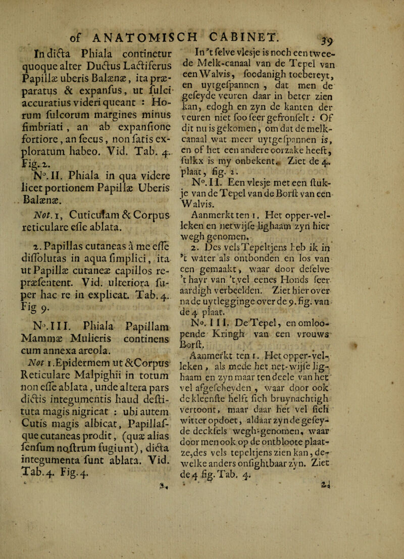 Indifta Phiala continetur quoque alter Dudus Laftiferus Papilla uberis Balaenae, ita prae¬ paratus & expanfus, ut fulci- accuratius videri queant : Ho¬ rum fulcorum margines minus fimbriati , an ab expanfione fortiore, an fecus, non fatis ex¬ ploratum habeo. Vid. Tab. 4.. Fig-x. N°, II. Phiala in qua videre licet portionem Papillae Uberis Balaenae. Not. 1, Cuticulam & Corpus reticulare efle ablata. x. Papillas cutaneas a me efie diflolutas in aqua fimplici, ita ut Papillae cutaneae capillos re- praefentent. Vid. ulteriora fu- per hac re in explicat. Tab. 4. Fig 9. N°. III. Phiala Papillam Maramx Mulieris continens cum annexa areola. Not i.Epidermem ut&Corpus Reticulare Malpighii in totum non efie ablata, unde altera pars diftis integumentis haud defti- tuta magis nigricat : ubi autem Cutis magis albicat, Papillaf- que cutaneas prodit, (quae alias fenfumnctftrum fugiunt), difta integumenta funt ablata. Vid. Tab. 4. Fig. 4. In 7t felve vjesje is noch een twee- de Melk-canaal van de Tepel van eenWalvis, foodanigh toebereyt, en uyrgefpanncn , dat men de gefeyde veuren daar in beter zien kan, edogh en zyn de kanten der veuren niet fooieergefronfelt: Of dit nu is gekomen, om dat de melk- canaal wat meer uytgefpnnnen is, en of het eenandereoorzakeheeft, fulkx is my onbekent* Ziet de 4. plaat, fig. 2. N°. 11. Een vlesje met een fluk- je van de Tepel vandeBorfl: van een> W alvis. Aanmerkt ten 1. Flet opper-vel- leken en netwijfe lighaam zyn hier wegh genomen. 2. Des velsTepekjens l:eb ik in *i water ais ontbonden.en los van een gemaakt, waar door defelve ’thayr van 'tvel eenes Honds feer aardigh verbeelden. Ziet hier over na de uytlegginge overde^.fig. van de 4 plaat. N°. I II. De Tepel, enomloo- pende' Kringh van een vrouws Borfi. Aanmerkt ten r. Fletopper-vel- leken , ais mede het net-wijfe lig¬ haam en zyn maar ten deele van het' vel afgefcheyden , waar door ook dckleenfie helfc fich bru-ynachtigh vertoont» maar daar het vel fich witter opdoet, aldaar zyn de gefey¬ de deckiels wegh-genomen, waar door men ook op de ontbloote plaat- ze,des vels tepekjens zien kan, de- welke anders onfightbaar zyn. Ziet