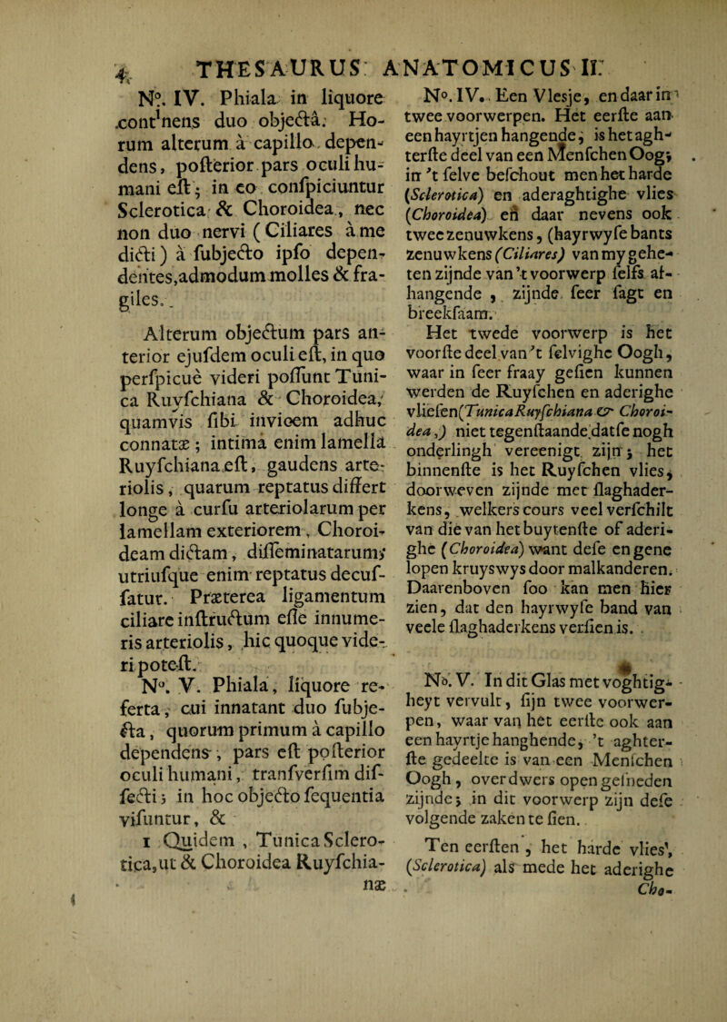 N®. IV. Phiala in liquore .collinens duo objefta; Ho¬ rum alterum a capilla, depen¬ dens, pofterior pars oeuli hu¬ mani eft; in eo confpiciuntur Sclerotica; & Choroidea , nec non duo nervi (Ciliares a me didi) a fubjedo ipfo depen¬ dentes,admodum molles & fra¬ giles.-. Alterum objedum pars an¬ terior ejufdem oculi eft, in quo perfpicue videri poflunt Tuni¬ ca Ruyfchiana & Choroidea; quamvis fibi itivioem adhuc connata ; intima enim lamella Ruyfchianaeft, gaudens arte: riolis, quarum reptatus differt longe a curfu arteriolarum per lamellam exteriorem- Choroi¬ deam didam, diileminatarumy utriufque enim reptatus decuf- fatur. Prxterea ligamentum ciliare inftrudum efle innume¬ ris arteriolis, hic quoque vide¬ ri pote-ft.: Na. V. Phiala, liquore re¬ ferta , cui innatant duo fubje- da, quorum primum a capillo dependens- , pars eft pofterior oculi humani, tranfverfim dif- fedis in hoc objedofequentia vifuntur, & i Quidem , Tunica Sciero- tica,ut & Choroidea Ruyfchia- nx N°.IV. Een Vlesje, endaarin1 twee voorwerpen. Het eerfte aan een hayrtjen hangende ; is het agh- terfte deel van een IVlenfchen Oog* . in felve befchout men het harde (Scierotica) en aderaghtighe vlies (Choroidea) eh daar nevens ook tweezenuwkens, (hayrwyfebants zenu wkens (Ciliares) van my gehe- ten zijnde van’t voorwerp felfs af- hangende , zijnde feer fagt en breekfaam. Het twede voorwerp is het voorde deel van't felvighc Oogh, waar in feer fraay gehcn kunnen werden de Ruyfchen en aderighe vlicfen(TunicaRuffchiatta C?' Choroi¬ dea 3) niet tegenftaandedatfe nogh onderlingh vereenigt. zijn ; het binnenfte is het Ruyfchen vlies j doorweven zijnde met flaghader- kens, welkerscours veel verfchilt van die van hetbuytenfte of aderi- ghc (Choroidea) \vant defe en gene lopen kruyswys door malkanderen. Daarenboven foo kan men hier zien, dat den hayrwyfe band van veele flaghaderkens verfien is. . No. V. In dit Glas metvoghtig^ - heyt vervult, fijn twee voorwer¬ pen, waar van het eerile ook aan eenhayrtjehanghende, ’t aghter- fte gedeeke is van een Mentchen Oogh, overdwers open gelbeden zijnde y in dit voorwerp zijn defe volgende zaken te ften.. Ten eerften , het harde vlies\ (Sci er otica) ais mede het aderighe ♦ Chom