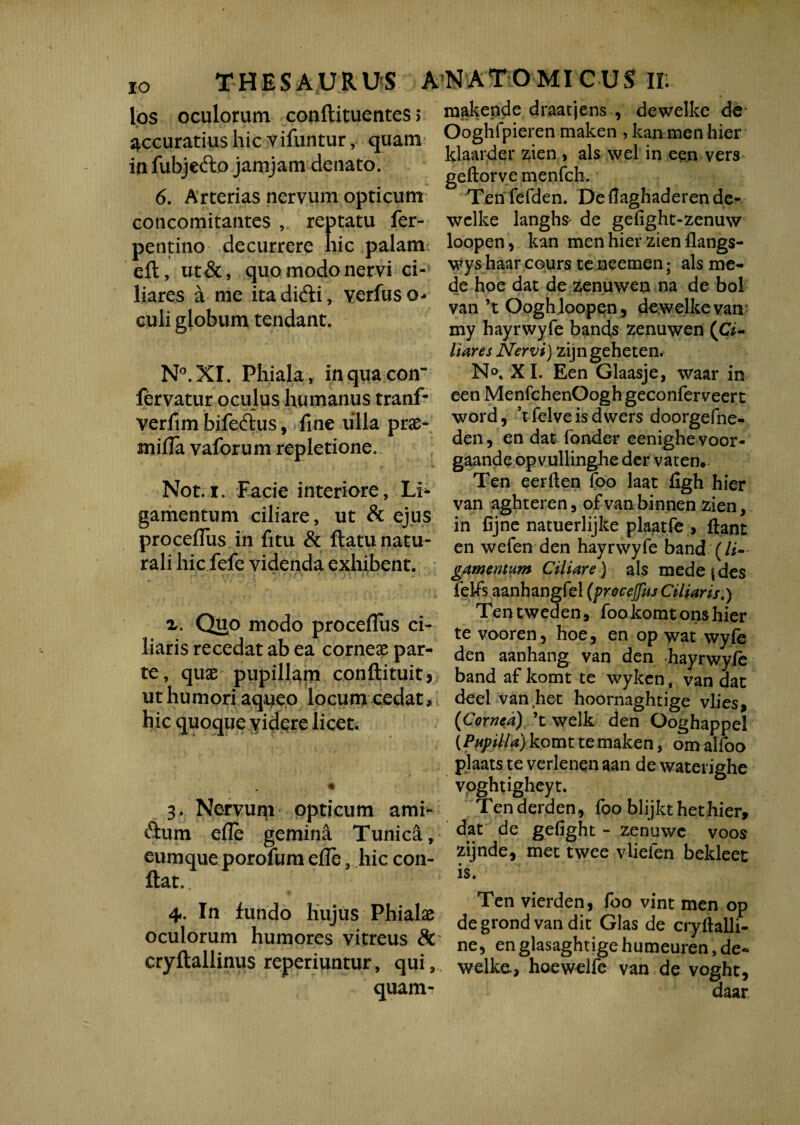 IO THESAURUS A los oculorum conflituentes > accuratius hic vifuntur, quam in fubjedlo jamjam denato. 6. Arterias nervum opticum concomitantes reptatu fer- pentino decurrere hic palam, efl, ut&, quo modo nervi ci¬ liares a me itadidli, verfuso- culi globum tendant. N°.XI. Phiala, inquacon fervatur oculus humanus tranf- verfim bifeftus, fine ulla prae- mifla vaforum repletione. Not.i. Facie interiore, Li¬ gamentum ciliare, ut & ejus proceflus in fitu & flatu natu¬ rali hic fefe videnda exhibent. z. Quo modo proceflus ci¬ liaris recedat ab ea corneas par¬ te, quae pupillam conflituit* ut humori aqueo locum cedat, hic quoque videre licet; 3. Nervum opticum ami¬ cum efle gemina Tunica, eumque porofum efle, hic con¬ flat.. # ‘ 4. In fundo hujus Phialae oculorum humores vitreus & cryflallinus reperiuntur, qui,. quam- NATOMIGUS Ii; makende draatjens , dewelke deK Ooghlpieren maken , kan men hier klaarder zien , ais wel in een vers geftorve menfch. Ten fefden. De tfaghaderen de¬ welke langhfr de geiight-zenuw loopen, kan men hier zien flangs- wys haar cours te neemen; ais me¬ de hoe dat de zenuwen na de bol van ’t Ooghloopen, dewelke van my hayrwyfe bands zenuwen (Ci¬ liares Nervi) zijngeheten. N°, XI. Een Glaasje, waar in een MenfchenOoghgeconferveert word , ’t felve is dwers doorgefhe- den, en dat fonder eenighe voor- gaande opvullinghe der vacem Ten eerften foo laat figh hier van aghteren 5 of van binnen zien, in fijne natuerlijke plaatfe , flant en wefen den hayrwyfe band (li¬ gamentum Ciliare) ais mede \ des felfs aanhangfe! (procejfas Ciliaris.) Tentweden, foo komt ons hier te vooren 5 hoe, en op wat wyfe den aanhang van den hayrwyfe band af komt te wykcn, van dat deel van het hoornaghtige vlies, (Cornea), ’t welk den Ooghappel {Papilla) komt te maken, omalfoo plaats te verlenen aan de waterighe voghtigheyt. Tenderden, foo blijkt het hier, dat de gefight - zenuwc voos zijnde, met twee vliefen bekleet is. Ten vierden, foo vint men op degrond van dit Glas de cryllalli- ne, englasaghtigehumeuren, de¬ welke., hoewelfe van de voght, daar