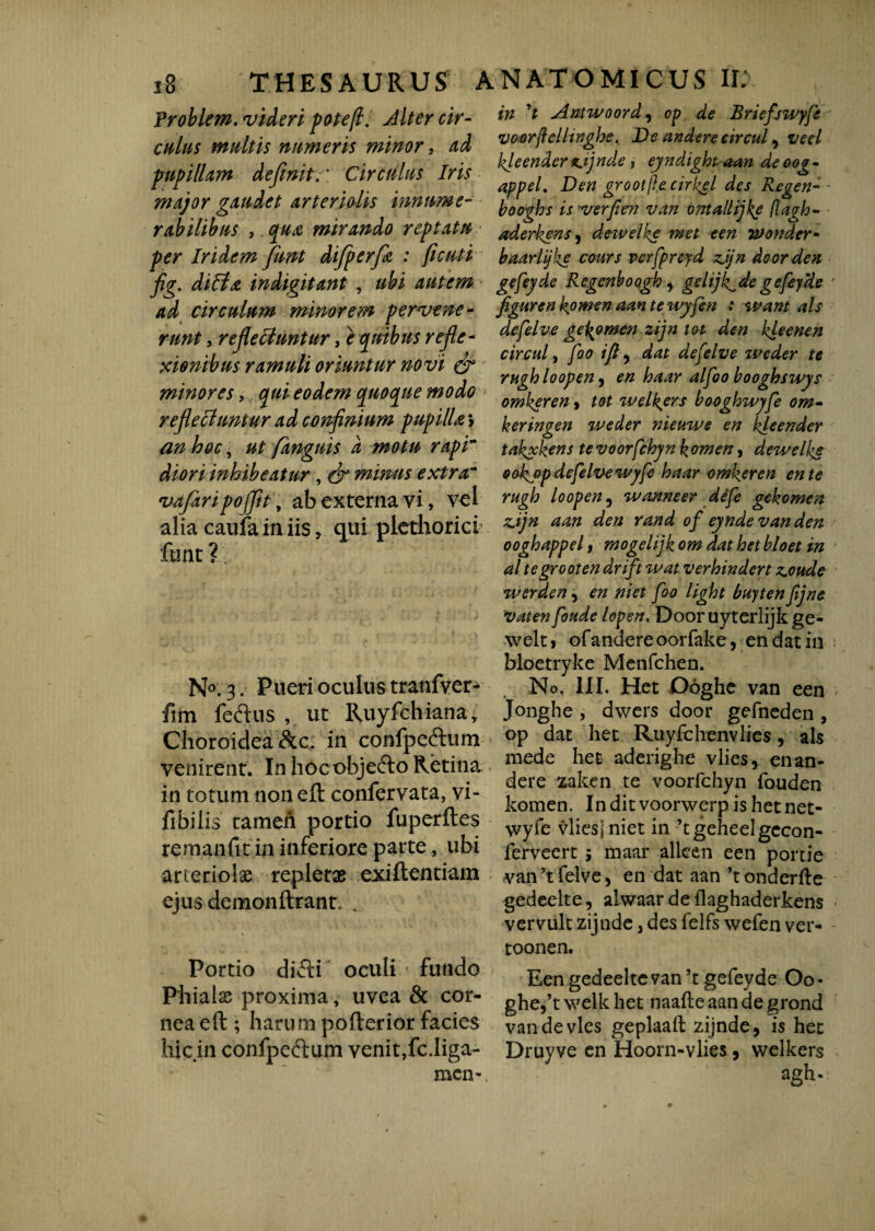 Problem. videri pote/l. Alter cir¬ culus multis numeris minor, Ad pupillam definit: * Circulus Iris major gaudet arteriolis innume¬ rabilibus , cgu& mirando reptatu per Iri dem funt dijperjk : fient i fig. dilhz indigitant , ubi autem ad circulum minorem pervene¬ runt , refelluntur, e quibus refle¬ xionibus ramuli oriuntur novi & minores, qui eodem quoque modo refelluntur ad confinium pupilla i an hoc, ut fanguis d motu rapr diori inhibeatur, & minus extra“ vafaripojfit, ab externa vi, vel alia caufain iis , qui plethorici funt ? N°. 3. Pueri oculus tranfver- fim feftus , ut Ruyfchiana, Choroidea &c. in confpeftum venirent. In hocobjecfto Retina in totum non eft confervata, vi- fibiiis tameA portio fuperftes remanfit in inferiore parte, ubi arteriolae repletas exiftentiam ejus demonftrant, . Portio diffi oculi < fundo Phialae proxima, uvea & cor¬ nea eft ; harum pofterior facies hic in confpeftum venit,fc.liga- mcn-. in I Antwoord, op de Briefswyfe voorftelhnghe. De anderecircu f veel kleenderiujnde , eyndightaan deoog- appel. Den grootfte cirkel des Rcgen- booghs is ver fi en van ontallijke flagh- aderkens, dewelize met een ivonder- baarlfte cours verfpreyd zjjn do or den gefeyde Regenboogh , gelijk^de gefeyde figuren komen aan te wyfen : want ais defelve gebomen zijn tot den kleenen circiti, foo ifi , dat defelve weder te rugh loopen, en haar alfoo booghswys omkeren, tot welkers booghwyfe om- keringen weder nieuwe en kjeender takxkens tevoorfchyn komen, dewelke $okj>pdefelvewyfe haar omkeren ente rugh loopen , w anne er defe gekomen z.ijn aan den rand of eynde van den ooghappel, mogelijk om dat het bloet in al tegrooten drift wat verhindert zoude werden, en niet foo light buyten fijne vaten foude lopen, Door uyterlijk ge- welti ofandereoorfake, en dat in bloetryke Menfchen. No. III. Het Ooghe van een Jonghe , dwers door gefneden , op dat het Ruyfchenvlies, ais mede het aderighe vlies, enan- dere zaken te voorfchyn fouden komen. Inditvoorwerpishetnet- wyfe vlies jniet in ’tgeheelgccon- ferveert; maar alleen een portie van ’t felve, en dat aan ’t onderfte gedeelte, alwaar deflaghaderkens vervult zijnde, des felfs wefen ver- toonen. Een gedeeltevan’t gefeyde Oo- gheft welk het naafte aan de grond van de vies geplaaft zijnde, is het Druyve en Hoorn-vlies, welkers agh-