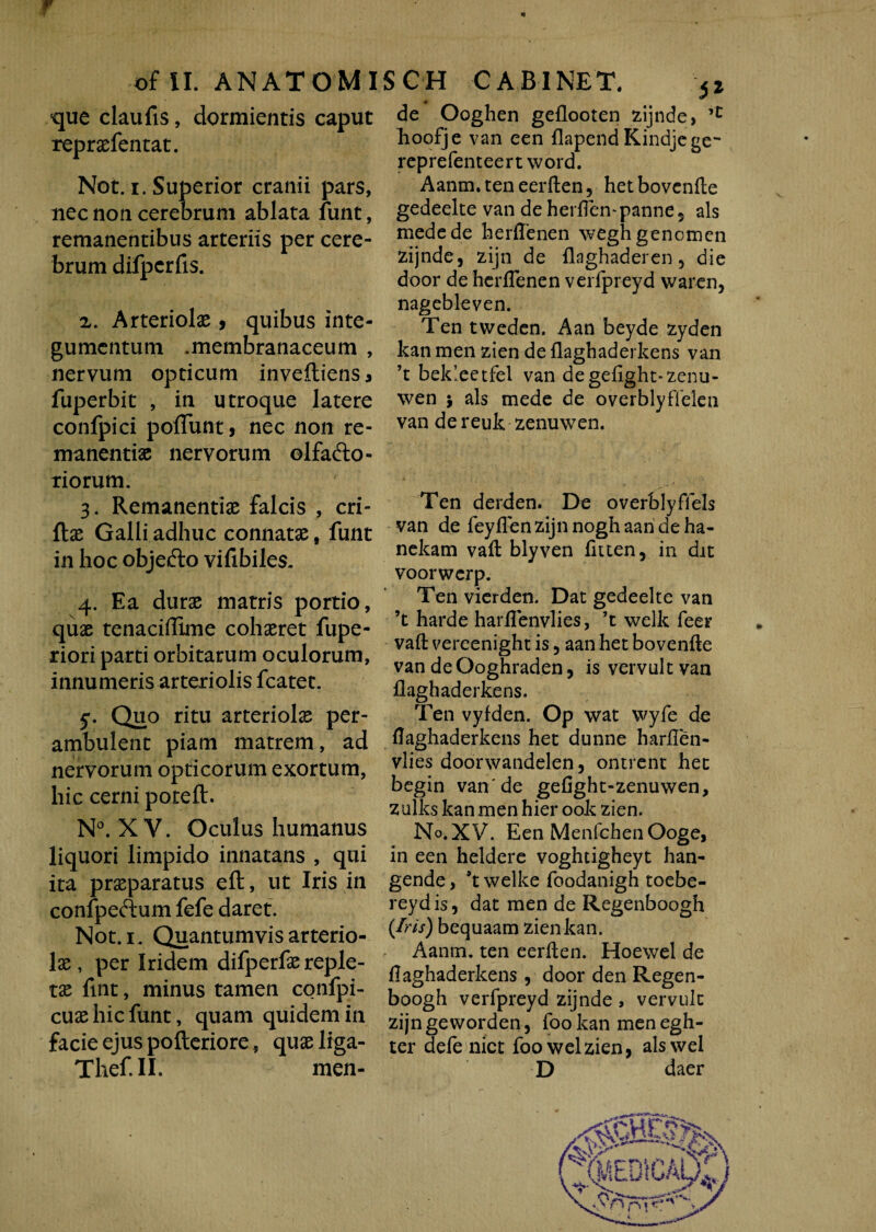 ¥ ofll. ANATOMIS CH CABINET. que claufis, dormientis caput repraefentat. Not. i. Superior cranii pars, nec non cerebrum ablata funt, remanentibus arteriis per cere¬ brum difpcrfis. z. Arteriolae, quibus inte¬ gumentum .membranaceum , nervum opticum inveftiens, fuperbit , in utroque latere confpici poliunt, nec non re¬ manendae nervorum olfacto¬ riorum. 3. Remanendae falcis , cri- flae Galli adhuc connatae, funt in hoc objefto vifibiles. 4. Ea durae matris portio, quae tenaciflime cohaeret fupe- riori parti orbitarum oculorum, innumeris arteriolis fcatet. y. Quo ritu arteriolae per¬ ambulent piam matrem, ad nervorum opticorum exortum, hic cerni poteft. N°. XV. Oculus humanus liquori limpido innatans , qui ita praeparatus eft, ut Iris in confpeCtum fefe daret. Not.i. Quantumvis arterio¬ lae, per Iridem difperfae reple¬ tae fint, minus tamen confpi- cuae hic funt, quam quidem in facie ejus pofteriore, quae liga- Thef.II. men- de Ooghen geflooten zijnde, hoofje van een flapend Kindje ge- reprefenteert word. Aanm.teneerften, hetbovcnfte gedeelte van de herflen*panne 5 ais mede de herflenen weghgenomen zijnde, zijn de flaghaderen, die door de herflenen verfpreyd waren, nagebleven. Ten tweden. Aan beyde zyden kan men zien de flaghaderkens van ’t bekleetfel van degefight-zenu- wen 5 ais mede de overblyflelen van dereuk zenuwen. Ten derden. De overblyffels van de feyflenzijn nogh aan de ha- nekam vaft blyven fiuen, in dit voorwcrp. Ten vierden. Dat gedeelte van ’t harde harflenvlies, ’t welk feer vaft vereenight is , aan het bovenfle van de Ooghraden, is vervult van flaghaderkens. Ten vyfden. Op wat wyfe de flaghaderkens het dunne harflen- vlies doorwandelen, ontrent het begin van'de gefight-zenuwen, zulks kan men hier ook zien. No. XV. Een MenfchenOoge, in een heldere voghtigheyt han- gende, *t welke foodanigh toebe- reydis, dat men de Regenboogh (Iris) bequaam zien kan. Aanm. ten eerften. Hoewel de flaghaderkens, door den Regen¬ boogh verfpreyd zijnde, vervult zijn geworden, ibo kan men egh- ter dele nict foowelzien, alswel D daer