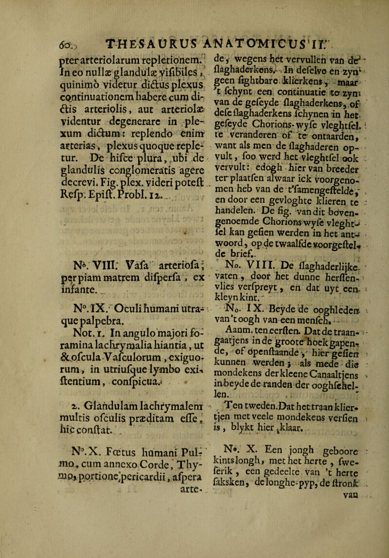 <5o: T H E S A U RUS AN A T OMX € U S ’ IT: pter arteriolarum repletionem. ; in eo nullas glandulas yifibiles \ quinimo videtur diftus plexus cQntinuationemliabere cum di- ftis arteriolis, aut arteriolas videntur degenerare in ple¬ xum di&um : replendo enim arterias , plekus quoque reple¬ tur. De hifce plura, .ubi de glandulis conglomeratis agere decrevi* Fig. plex. videri potefl: Refp. Epift. Probi. ix» ... NK VIII; Vala arteriofa; per piam matrem difperfa , ex infante.... N°. IX/ Oculi humani utra-1 que palpebra. Not. r, I11 angulo majori fo¬ ramina lachrymalia hiantia, ut &/ofcula Vafculorum exiguo¬ rum, in utriufque lymbo exin flentium, confpicua/ 2. Glandulam lachrymalem multis ofculis prasditam efle *. hic conflat. . de , wegens hdt ^ervulleh van flaghaderkens*^ In defelvo en zvn11 geen fightbareklierkens, maar \ fchync een continua t ie tozyni van de gefeyde flaghaderkens,.of defeflaghaderkens fchynen in het gefeyde Chorions-wyfe vleghtfel, te . v erand eren of te ontaarden, want ais men de flaghaderen op- vult, foo werd het vleghtfel ook vervult: edogh hier van breeder terplaatfen alwaar ick voorgeno- men heb van de tTamengeftelde en door een gevloghte ldieren te handelen. De fig. van dit bdven- genoemde Ghorions wyfe vleghr»4 Tcl kan gefien werden in het ant>' woord, op de twaalfde voorgefteU de brief.. No. VIII. De flaghaderlijke. vaten/, door het dunne herflen- vlies verfpreyt, en dat uyt een- kleynkintr No* IX. Beyde de ooghledcn van*toogh van een menfchi - Aanm. ten eerflen. Datdetraan- gaatjens inde groote hdekgapen- de, of dpenflaande y hier gefien kunnen werden 5 ais mede die mondekens derkleeneCanaaltjens in-beyde de randen der ooghfehel- len. Ten tweden.Dat het traan klier* tjen met veele mondekens verfien is , blykt hier Jdaar. . NVX. Foetus humani Pul?' Ne- X. Een jongh geboorc mo, cum annexo Corde, Thy- hintslongh» methetherte , fwe- moj porrioac;Pericardii, afpaa arte-; °