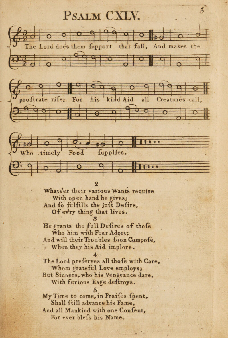 r o tfVA-” -■ - -ft—— -f—-i “T 1 jrtj- -O- -7*\ It i /r. n —n ^ — -—r-r—-p yJ ill: r: .... - ) ~rr)~zr~ 1 I i_1 — < “ The Lord does ► them fupport that fall. And makes the r\ N . .. .. . — ir\. n—— - ■ ■ i>.1: y c \J o Q El r c 1 ^ rv HI ___u_ . - .. u= U—-—- £ Whatever their various Wants require With open hand he gives; And fo fulfills the juft Defire, Of ev*ry thing that lives. 5 He grants the full Defires of thofe Who him with Fear Adore; And will their Troubles foon Compofe, ?• When they his Aid implore. 4 The Lord preferves all thofe with Care, Whom grateful Love employs; But Sinners,, who his Vengeance dare. With furious Rage deftroys. S% My Time to come, in Praifes fpent. Shall ftill advance his Fame, And all Mankind with one Confent, For ever hlefs his Name.