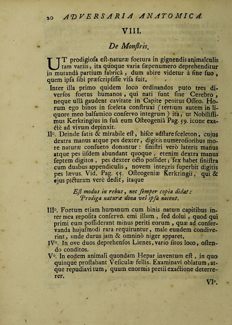 VIII. * . < 1 De Monflrts, .. - * » \> * •* *':*''* i UT prodigiofa eft-naturae foetura in gignendisanjmalculis tam variis, ita quoque varia faepenumero deprehenditur in mutandi partium fabricl, dum abire videtur a fine fuo , quem ipfa fibi praefcripfifle vifa fuit. . - Inter illa primo quidem loco ordinandos puto tres di- verfos foetus humanos, qui nati funt fine Cerebro, neque ulli gaudent cavitate in Capite penitus Ofleo. Ho¬ rum ego binos in fceleta conftruxi (tertium autem in li¬ quore meo balfamico confervo integrum ) ita, ut Nobilifli- mus Kerkringius in fui eum Ofteogenii Pag. 59. icone exa- tte ad vivum depinxit. II0. Deinde fatis & mirabile eft, hifce adftare fceleton, cujus dextra manus atque pes dexter, digitisnumerofioribus mo¬ re naturae confueto donantur : finiftri vero lateris matius atque pes iifdem abundant quoque , etenim dextra manus feptem digitos , pes dexter ofto pofiidet; fex habet finiftra cum duabus appendiculis, novem integris fuperbit digitis pes laevus. Vid. Pag. 55. Ofteogeniae Kerkringii, qui & ejus pi&uram vere dedit, itaque Eft modus in rebus, nec femper copta didat: ‘Prodiga natura dona vel ipfa nocent. III0. Foetum etiam humanum cum binis natum capitibus in¬ ter mea repofita confervo. emi illum , fed dolui, quod qui primi eum poffiderant minus periti eorum , quae ad confer- vanda hujufmodi rara requiruntur, male eundem condive¬ rint, unde durus jam & omnino niger apparet, IV0. In ove duos deprehenfos Lienes,vario fitos loco, often- do conditos. V°. In eodem animali quondam Hepar inventum eft , in quo quinque proflabant Veficulae fellis. Examinavi oblatum,at¬ que repudiavi tum, quum enormis pretii exa&ione deterre¬ rer. VI0.