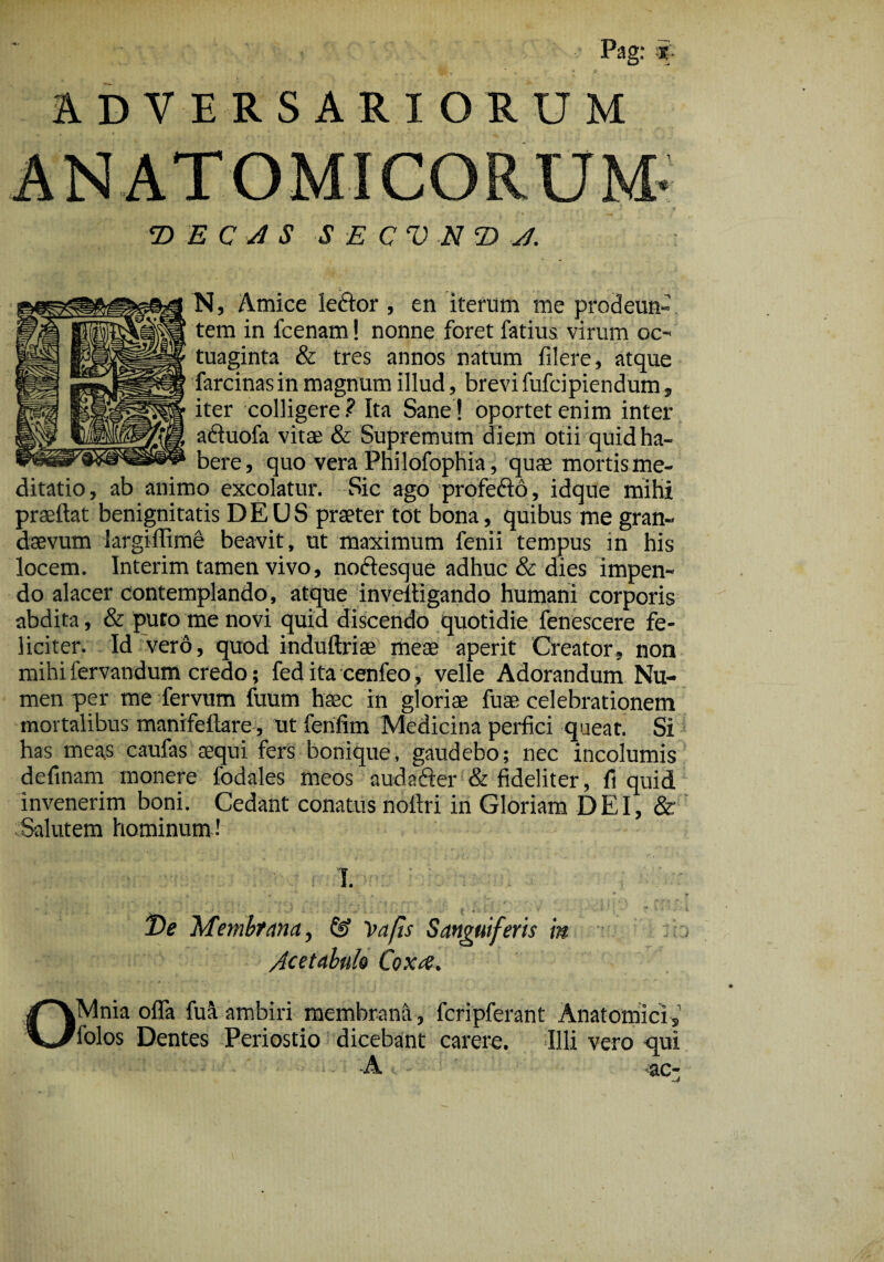 DVERSARIORUM DECAS S E C V N Z> A. N, Amice lector , en iterum me prodeun¬ tem in fcenam! nonne foret fatius virum oc~ tuaginta & tres annos natum filere, atque farcinasin magnum illud, brevi fufcipiendum, iter colligere? Ita Sane ! oportet enim inter afhiofa vitae & Supremum diem otii quid ha¬ bere, quo vera Philofophia, quae mortis me¬ ditatio, ab animo excolatur. Sic ago profefto, idque mihi prseftat benignitatis DEUS praeter tot bona, quibus me gran¬ daevum largiffime beavit, ut maximum fenii tempus in his locem. Interim tamen vivo, noftesque adhuc & dies impen¬ do alacer contemplando, atque inveltigando humani corporis abdita, & puto me novi quid discendo quotidie fenescere fe¬ liciter. Id vero, quod induftriae meae aperit Creator, non mihifervandum credo; fedita cenfeo, velle Adorandum Nu¬ men per me fervum fuum haec in gloriae fuae celebrationem mortalibus manifeflare, ut fenfim Medicina perfici queat. Si has meas caufas aequi fers bonique, gaudebo; nec incolumis definam monere fodales meos audaCter & fideliter, fi quid invenerim boni. Cedant conatus nollri in Gloriam DEI, & Salutem hominum! \ I. De Membrana, & Va/ts Sanguiferis in /icetabulo Coxa. OMnia ofla fu a. ambiri membrana, fcripferant Anatomicis folos Dentes Periostio dicebant carere. Illi vero qui •A ac-