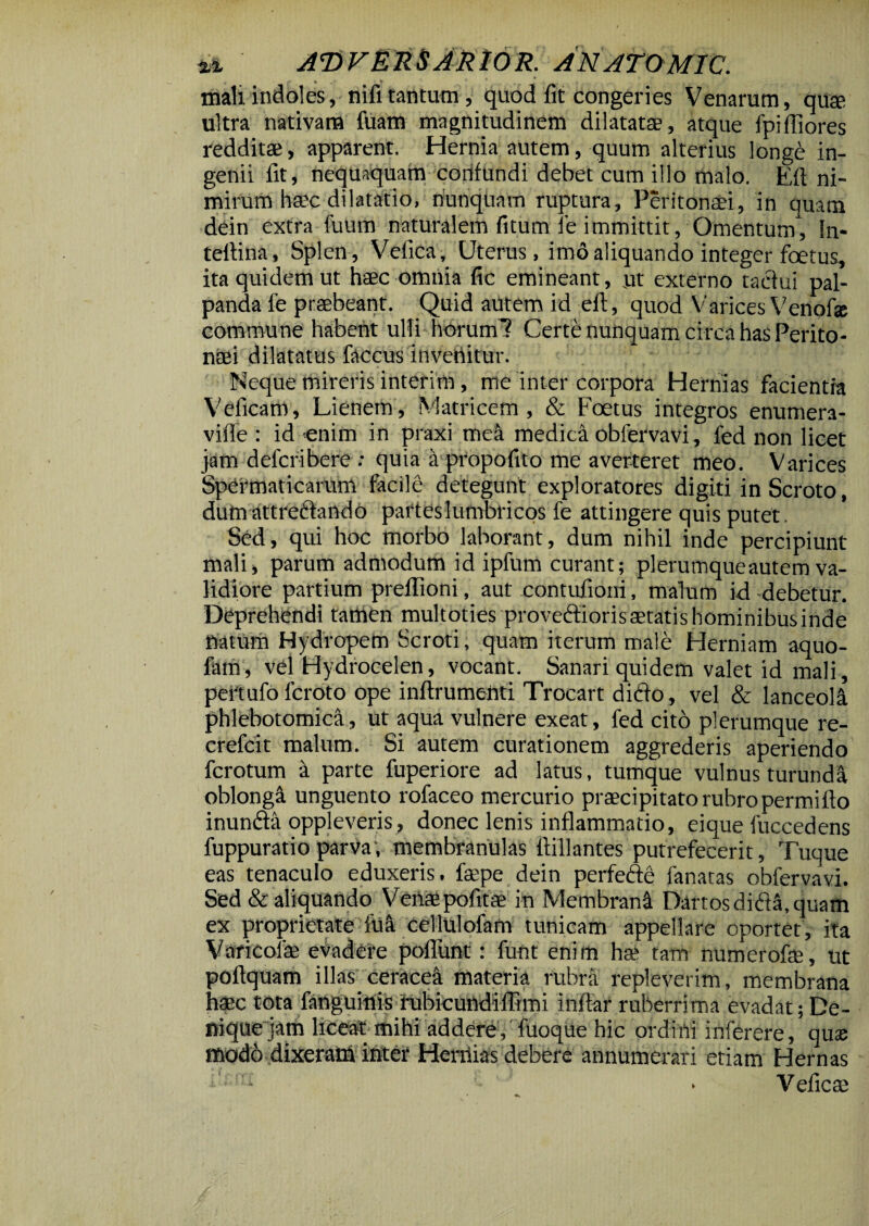 t * -v ‘ mali indoles, nifi tantum, quod fit congeries Venarum, qute ultra nativam fuam magnitudinem dilatatae, atque fpifliores redditae, apparent. Hernia autem, quum alterius longe in¬ genii fit, nequaquam corifundi debet cum illo malo. Efi ni¬ mirum haec dilatatio, nunquam ruptura, Peritonaei, in quam dein extra fuum naturalem fitum fe immittit, Omentum, fn- teftina. Splen, Veiica, Uterus, imo aliquando integer foetus, ita quidem ut haec omnia fic emineant, ut externo tadui pal¬ panda fe praebeant. Quid autem id efi, quod Varices Venpfsc commune habent ulli horum! Certe nunquam circa has Perito- nmi dilatatus faccus invertitur. Neque mireris interim, me inter corpora Hernias facientia Vdicam, Lienem, Matricem, & Foetus integros enumera- vifie : id enim in praxi md medica obfervavi, fed non licet jam defcribere : quia a propofito me averteret meo. Varices Spermaticarum facile detegunt exploratores digiti in Scroto, dum attrcehmdo partes lumbricos fe attingere quis putet. Sed, qui hoc morbo laborant, dum nihil inde percipiunt mali, parum admodum id ipfum curant; plerumque autem va¬ lidiore partium preflioni, aut contufioni, malum id debetur. Deprehendi tamen multoties provediorisaetatishominibusinde natum Hydropem Scroti, quam iterum male Herniam aquo- fam, vel Hydrocelen, vocant. Sanari quidem valet id mali , peftufolcroto ope inftrumenti Trocart dido, vel & lanceola phlebotomica, ut aqua vulnere exeat, fed cito plerumque re- crefcit malum. Si autem curationem aggrederis aperiendo fcrotum a parte fuperiore ad latus, tumque vulnus turunda oblongi unguento rofaceo mercurio praecipitato rubropermifto inunda oppleveris, donec lenis inflammatio, eique fuccedens fuppuratio parva; membranulas ftillantes putrefecerit, Tuque eas tenaculo eduxeris, faepe dein perfede fanatas obfervavi. Sed & aliquando Vertaepofitae in Membrani Dartos didi, quam ex proprietate fui cellulolam tunicam appellare oportet, ita V ari coi te evadere poflimt: funt enim ha' tam numerofm, ut poftquam illas ceracei materia rubra repleverim, membrana haec tota fanguitns fubicurtdiffimi inftar ruberrima evadat; De¬ nique jam hceat mihi addere, fuoque hic ordini inferere, qute modo dixeram inter Hernias debere annumerari etiam Hernas Veficte