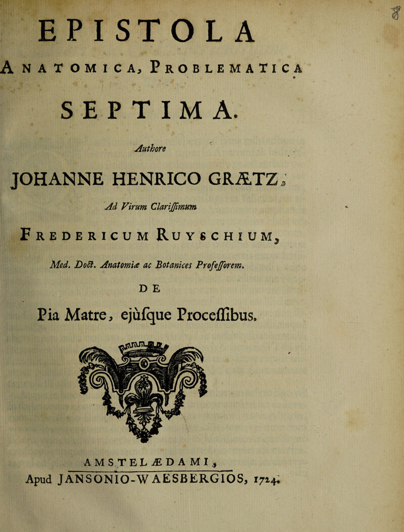 EPISTOLA A NATOMICA, PrOBLEMATICA SEPTIMA. Authore JOHANNE HENRICO GRATZ Ad Virum ClariJJimim FrEDERICUM RuYg CHIUM, Med. DoH. Anatomia ac Botankes Pmfejfmm. D E Pia Matre, ejufque Proceffibus. A M S,,T ELiEDAMI^ Apud JANSONIO-WAESBERGIOS, 1714;