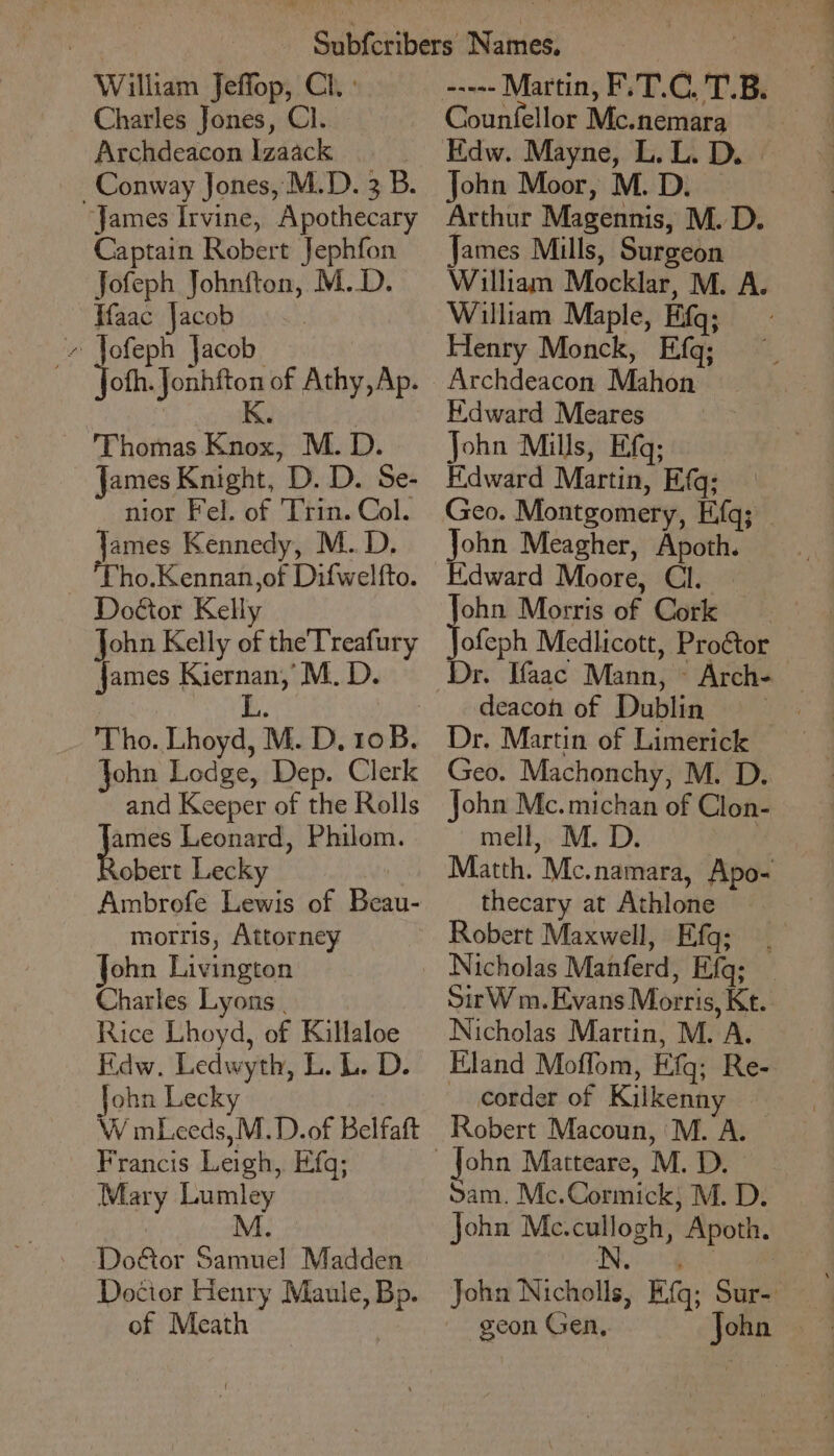 William Jeffop, Cl, : Charles Jones, Cl. Archdeacon Izaack Conway Jones, M.D. 3 B. James Irvine, Apothecary Captain Robert Jephfon Jofeph Johniton, M.D. Hfaac Jacob » Jofeph Jacob ofh. Jonhfton of Athy, Ap. : K Thomas Knox, M. D. James Knight, D. D. Se- nior Fel. of Trin. Col. James Kennedy, M.D. ‘Tho.Kennan,of Difwelfto. Door Kelly John Kelly of theTreafury james Kiernan, M. D. are Tho. Lhoyd, M. D, 10. John Lodge, Dep. Clerk and Keeper of the Rolls gb Leonard, Philom. obert Lecky morris, Attorney John Livington Charles Lyons | Rice Lhoyd, of Killaloe Edw. Ledwyth, L. L. D. John Lecky W mLeeds, M.D.of Belfaft Francis Leigh, Efq; Mary Lumley M Doftor a Madden Docier Henry Maule, Bp. of Meath wanse Martin, ESE. T.B. Counfellor Mc.nemara Hidw. Mayne, L.L. D. | John Moor, M. D. Arthur Magennis, M. D. James Mills, Surgeon William Mocklar, M. A. William Maple, Kifq; Henry Monck, Efq; Archdeacon Mahon Hidward Meares John Mills, Efq; Edward Martin, E(q; Geo. Montgomery, Efq; John Meagher, Apoth. Hidward Moore, Cl. ohn Morris of Cork ofeph Medlicott, Proétor Dr. Ifaac Mann, © Arch- deacon of Dublin | Dr. Martin of Limerick Geo. Machonchy, M. D. John Mc. michan of Clon- mell, M. D. sh Matth. Mc.namara, Apo- thecary at Athlone Robert Maxwell, Efg; Nicholas Manferd, Efq; SitW m. Evans Morris, Kt. Nicholas Martin, M. A. Eland Moffom, Efq; Re- corder of Kilkenny Robert Macoun, M. A. sam. Mc.Cormick, M. D. John Me.cullogh, Apoth. John Nicholls, Efq; Sur- geon Gen, John