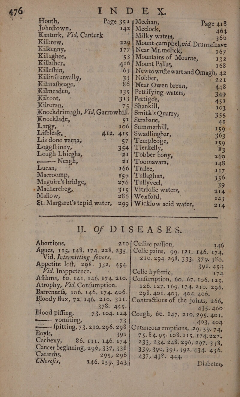Atrophy, Vid. Confumption. Barrennefs, 106. 146. 174. 406. ‘Bloody flux, 72.146, 210. 311. - 378; 465. Blood piffing, —— vomiting, 23 ——-- {pitting, 73. 210,296. 298 Boyls, gon Cachexy, 86. 111. 146. 174 Cancer beginning, 296, 337, 338 Catarrhs, 295, 296 Chlorofis, Houth, Page 35% | Mechan, Page 418 Johnftown, 3 142 | Meelock, A64 Kanturk, zd, Canturk ~ | Milky waters, 365 Kilbrew, i‘ 229 | Mount-campbel, od, Drumafnave Kilkenny, . 177 | Near Mt.melick, 167 Killaghee, 53 } Mountains of Mourne, 132 Killather, 416 | Mount Pallas, 168 Killefhin, 63 | Newtownftewart and Omagh, 42 Killin thanvally, 33 | Nobber, © 221 Kilmafheoge, — 86 | Near Owen breun, 448 Kilmeaden, 135 | Petrifying waters, 349 Kilroot, 313 | Pettigoe, - Ast Kilroran, 75} Shankill, 103 Knockdrimagh, Vid, Garrowhill. | Smith’s Quarry, 355 Knocklade, 51 | Strabane, | AL Largy, $3 106 | Summerhill, 159 Litbleak, | Al% 415 | Swadlingbar, 363 Lis done varna, 1 §7 | 'Templeoge, ° 159 Logefiinny, * | 354 | Tierkelly, 83 Lough Lhieghs, 21 | Tobber bony, 260 ——--- Neagh, 21} Toomavara, 148 Lucan, 166| Tralee, 117 Macroomp, 157 | Tullaghan, 356 Maguire’s bridge, 276 | 'Tullyveel, 39 «Macherebeg, = - 315 | Vitriolic waters, 214, Mallow, 286 | Wexford, . 143 St. Margaret’s tepid water, 299 | Wicklow acid water, 204 e xin inetd i. “OF DeliSsh A Solos Abortions, 210 [ Czliac paffion, 146 Agues, 115. 148. 174. 228, 235. | Colic pains, 99. 121, 146. 174, Vid. Intermitting fevers. 210, 294. 298. 333. 379. 380. Appetite loft, 293. 332, 454. 391. 454 Vid, Inappetence. | Colic hyfteric, 174 Confumption, 60. 67. 106, 124: 126. 127. 169. 174. 210. 296, 298. 401. 403, 404. 406, Contractions of the joints, 266, | 435. 460° 403, 404° Cutaneous eruptions, 29.59. 74, 75.84.95. 108, 115..174,227, 233, 234. 248. 296, 297. 338, 339+ 390,391, 392.434. 436, 437, 43°. 444. Diabetes,
