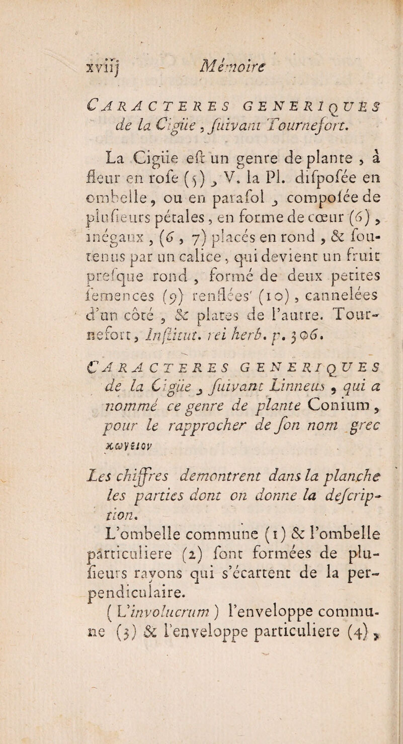 CARACTERES GENERIoUES de la Cigüe , fuivani Tournefort. La Cigüe efi un genre déplanté , à fleur en rofe (5) V. la PL difpofée en ombelle, ou en parafol compoléede plu fleurs pétales , en forme de coeur (6) , inégaux , [G , 7) placés en rond , & fou- tenus par un calice, qui devient un fruit pue (que rond , formé de deux petites femences (9) renflées' (10), cannelées d’an côté 5 5c plates de l’autre. Tour¬ nefort, In (liait, rei herb. p. 3 o>6. CARACTERES GENERIQUES de la Ciguë fuivant Linné us , qui a nommé ce genre de plante Conium , pour le rapprocher de fon nom grec KUVîlQV Les chiffres démontrent dans la planche les parties dont on donne la defcrip- lion. L’ombelle commune (1) & l’ombelle particulière (2) font formées de plu- fleurs rayons qui s’écartent de la per¬ pendiculaire. ( Vinvolucmm ) l’enveloppe commu¬