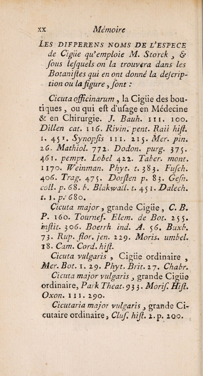 Les D1FPERENS NOMS DE ^ESPECE de Cigiie qu3 emploie M. Storck & fous lejquels on La trouvera dans les Botanifies qui en ont donné la dejerip- tion ou la figure,font : Cicuta ojficinarum , la Cigiie des bou¬ tiques , ou qui eft d'ufage en Médecine & en Chirurgie. J. Bauh. ni. ioo. Dillen cat. i 16. RivinV pent. B.aii hifi. i. 45 t. Synopfis iii. 215. Mer. pin, 2G. Mathiol. 772. Dodon. purg. 375. 46 t. pempt. Lcbel 422. Taber. mont. 1170* Weinman. PAjyr. r. 383. Fufch. 40^. Trag. 475. Dorfien p. 83. 64//?. ££//• p* 68. A. Blakwatl. t, 451. Dalech. r. j. p. 680. Çicuta major, grande Cigiie, C. P. P. 160. Tournefi Elem. de Bot. 255. iq/?zr. 306. Boerrh ind. À. 56. Buxb, 73. Rup. fior, jen. 229. Morts. umbel. 18. Cz/tf. Cord. hifi. Cicuta vulgaris , Cigiie ordinaire , ■Aster. Zter. 1. 29. Phyt. B rit. 27, Chabr. Cicuta major vulgaris grande Cigiie ordinaire, Park Theat. 933. A/nri/T #i/?. Oxon. iii. 290. Cicutaria major vulgaris _, grande Ci- cutaire ordinaire, Cfo/T Ai/?, z.p. 200.