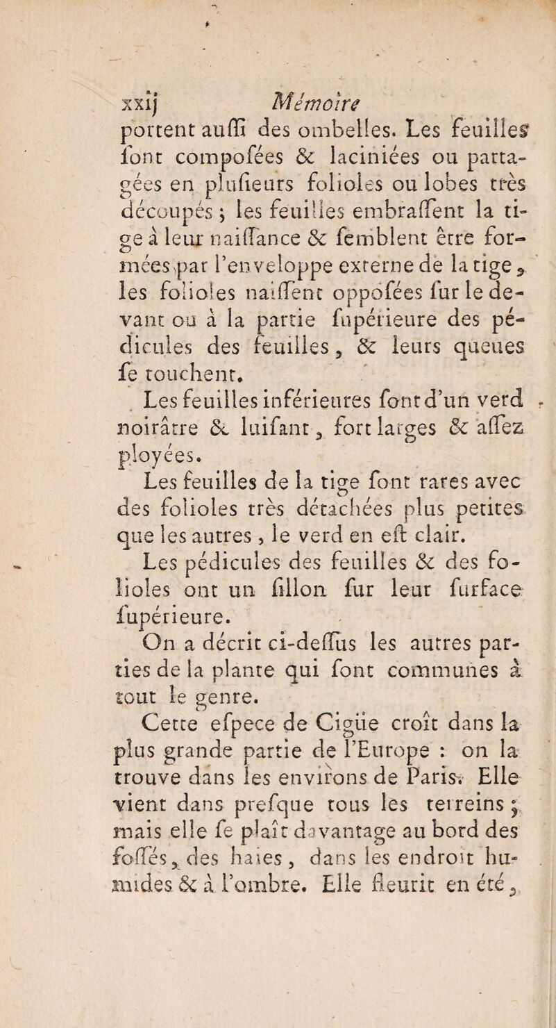 portent aufli des ombelles. Les feuilles font compofées & laciniées ou parta¬ gées en plufleurs folioles ou lobes très découpés ; les feuilles embraffent la ti¬ ge à leur naiffance & femblent être for- méespar l’enveloppe externe de la tige «, les folioles naiflem oppofées fur le de¬ vant ou à la partie fupérieure des pé¬ dicules des feuilles, & leurs queues fe touchent. Les feuilles inférieures font d’un verd ployées. Les feuilles de la tiçe font rares avec O des folioles très détachées plus petites que les autres, le verd en eft clair. Les pédicules des feuilles de des fo¬ lioles ont un fillon fur leur furface fupérieure. On a décrit ci-deffus les autres par¬ ties de la plante qui font communes à tout le genre. Cette efpece de Ciguë croît dans la plus grande partie de l’Europe : on la trouve dans les environs de Paris-. Elle vient dans prefque tous les tetreins \ mais elle fe plaît davantage au bord des folles, des haies, dans les endroit hu¬ mides à l’ombre. Elle fleurit en été 3