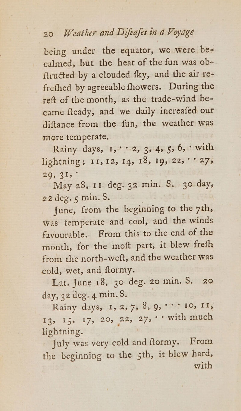 being under the equator, we were be= calmed, but the heat of the fun was ob- ftructed by a clouded fky, and the air re- frethed by agreeable fhowers. During the reft of the month, as the trade-wind be- came fteady, and we daily increafed our diftance from the fun, the weather was more temperate. Rainy days, 1,** 2, 3, 45 5> 6, ° with lightning; 11,12, 145 18, 19,2225 275 PU es ies May 28, 11 deg. 32 min. S. 30 day, 22 deg. 5 min. 5. | June, from the beginning to the 7th, was temperate and cool, and the winds favourable. From this to the end of the month, for the moft part, it blew freth from the north-weft, and the weather was cold, wet, and ftormy. Lat. June 18, 30 deg. 20 min. 8. 20 day, 32 deg. 4 min.S. Rainy days, I, 2,7; Soha) pose ee Ty 13, 15, 17, 20, 22, ee * with much lightning. July was very cold and ftormy. From the beginning to the sth, it blew hard, with