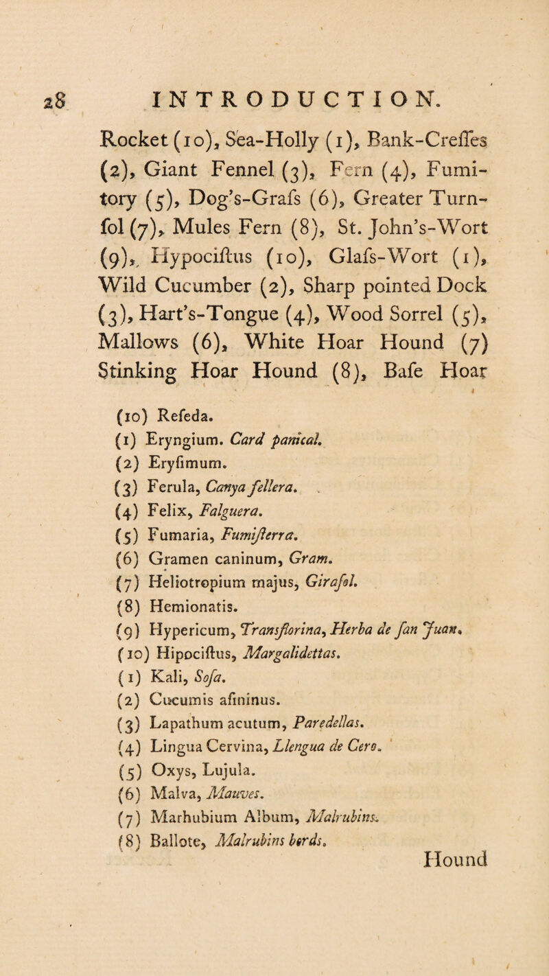 Rocket (io), Sea-Holly (i), Bank-CrefTes (2) , Giant Fennel (3), Fern (4), Fumi¬ tory (5), Dog’s-Grafs (6), Greater Turn- fol (7)* Mules Fern (8), St. John’s-Wort (9), Hypociftus (io), Glafs-Wort (1), Wild Cucumber (2), Sharp pointed Dock (3) , Hart’s-Tongue (4), Wood Sorrel (5), Mallows (6), White Hoar Hound (7) Stinking Hoar Hound (8), Bafe Hoar 4 ■ 1 (10) Refeda. (1) Eryngium. Card panical. (2) Eryfimum. (3) Ferula, Cany a fellera. (4) Felix, Falguera. (5) Fumaria, Fumijlerra. (6) Gramen caninum, Gram. (7) Heliotropium majus, Girafel. (8) Hemionatis. (9) Hypericum, 'Tramforina, Herba de fan fuaru (10) Hipociftus, Margalidettas. (1) Kali, Sofa. (2) Cucumis afininus. (3) Lapathum acuturn, Paredellas. (4) Lingua Cervina, Llengua de Cero. (5) Oxys, Lujula. (6) Malva, Mattves. (7) Marhubium Album, Malyutins. (8) Ballote, Malrubim herds. Hound