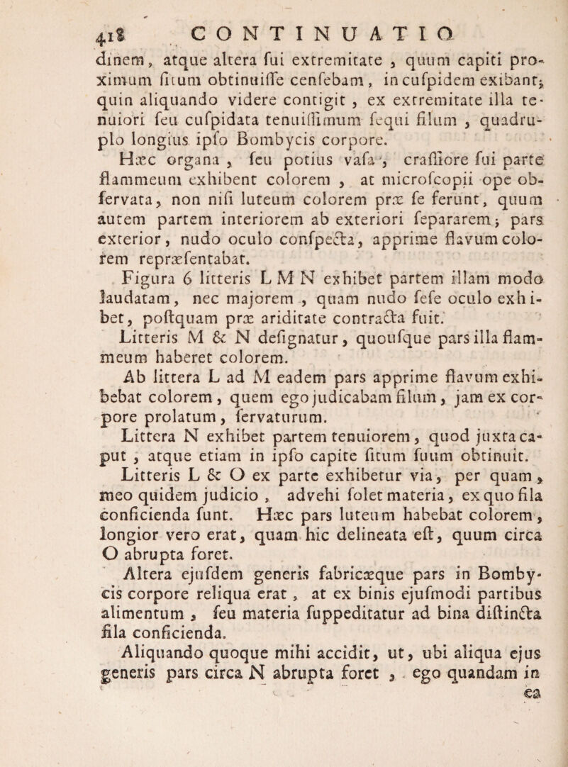diriem, atque altera fui extremitate y quum capiti pro¬ ximum fiiuni obtinuiflTe cenfebam , incufpidem exibantj quia aliquando videre contigit , ex extremitate illa te¬ nuiori feii cufpidata tenuillimum fcqui filum &gt; quadru¬ plo longius ipfo Bombycis corpore. Hxc organa 5 fcu potius vafi ', crafiiore fui parte' flammeum exhibent colorem , ac microfcopii -ope ob- fervataj non nifi luteum colorem pvx fe ferunt, quum • autem partem interiorem ab exteriori fepararemj pars exterior, nudo oculo confpefta, apprime flavum colo¬ rem reprsefentabat. Figura 6 litteris LM N exhibet partem illam modo laudatam, nec majorem., quam nudo fefe oculo exhi¬ bet, poftquam prre ariditate contrafta fuic.‘ Litteris M &amp; N defignatur, quoufque pars illa flam¬ meum haberet colorem. Ab littera L ad M eadem pars apprime flavum exhi¬ bebat colorem, quem ego judicabam filum, jam ex cor¬ pore prolatum , fervaturum. Littera N exhibet partem tenuiorem, quod juxta ca¬ put y atque etiam in ipfo capite fitum fuum obtinuit. Litteris L &amp; O ex parte exhibetur via, per quam, meo quidem judicio , advehi folet materia, ex quo fila conficienda funt. Hxc pars luteum habebat colorem^, longior vero erat, quam.hic delincata eft, quum circa O abrupta foret. Altera ejufdem generis fabricaeqiie pars in Bomby¬ cis corpore reliqua erat, at ex binis ejufmodi partibus alimentum , feu materia fuppeditatur ad bina diftinfta fila conficienda. Aliquando quoque mihi accidit, ut, ubi aliqua ejus generis pars circa N abrupta foret , . ego quandam in