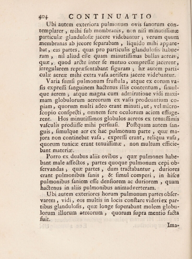 Ubi autem exteriora pulmonum ovis fanorum con¬ templarer , mihi fub membranis, non ni (i minutillimas particulx glandulofx jacere videbantur 5 verum quum membranas ab jecore feparabam , liquido mihi appare¬ bat, eas partes» quas pro particulis glanduioiis habue¬ ram , nil aliud eile quam minutiffimas bullas aereas, qux,, quod ar£te inter fe mutuo compreffx jacerenr, irregularem reprxfentabant figuram y hx autem parti- culx aerex mihi extra vafa aerifera jacere videbantur. Varia fumfi pulmonum fruftula, atque ex eorum va» fis expreffi fanguinem haftenus illis contentum, fimul- que aerem 5 atque magna cum admiratione vidi maxi¬ mam globulorum aereorum ex vafis prodeuntium co¬ piam , quorum multi adeo erant minuti,ut, velmicro- fcopio confpefti, omnem fere oculorum aciem effuge¬ rent. Hos minutiflimos globulos aereos ex tenuiffimis vafculis prodiifie mihi perfuafi. Poftquam autem fan- guis, fimulque aer ex hac pulmonum parte , qux ma¬ jora non continebat vafa , expreffi erant, reliqua vafa, quorum tunicx erant tenuiffimx , non multum efficie¬ bant materiae- Porro ex duabus aliis ovibus , qux pulmones habe¬ bant male affeftos , partes quoque pulmonum cepi ob- fervandas * qux partes , dum traftabantur , duriores erant pulmonibus fanis , & fimul comperi , in hifce pulmonibus faniem efie denfiorem ac duriorem , quam ha£tenus in aliis pulmonibus animadverteram. Ubi autem exteriores horum pulmonum partes obfer- varem , vidi, eos multis in locis conflare videri ex par¬ tibus glandulofis, qux longe fuperabant molem globu¬ lorum iliorum aereorum > quorum fupra mentio facta fuit. Ima-