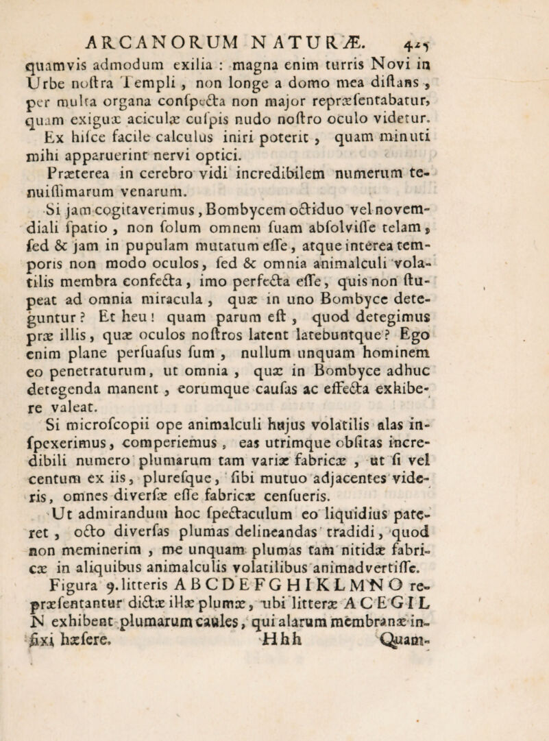 quamvis admodum exilia : magna enim turris Novi in Urbe noftra i empli , non longe a domo mea diftans , per muha organa confpe&a non major reprxlentabatur, quam exigux aciculx culpis nudo noflro oculo videtur» Ex hilce facile calculus iniri poterie , quam minuti mihi apparuerint nervi optici. Praeterea in cerebro vidi incredibilem numerum te- muflimarum venarum. Si jam cogitaverimus, Bombycem oftiduo vel novem¬ diali fpatio , non folum omnem fuam abfolvifle telam, fed & jam in pupulam mutatum efle, atque interea tem¬ poris non modo oculos, fed &c omnia animalculi vola¬ tilis membra confe&a , imo perfecta effe, quis non ftu- peat ad omnia miracula , quae in uno Bombyce dete¬ guntur ? Et heu ! quam parum eft , quod detegimus prae illis, qux oculos noftros latent latebuntque? Ego enim plane perfuafus fum , nullum unquam hominem eo penetraturum, ut omnia , quae in Bombyce adhuc detegenda manent , eorumque caufas ac effe£ta exhibe¬ re valeat. Si microfcopii ope animalculi hujus volatilis alas in- fpexerimus, comperiemus , eas utrimque oblitas incre¬ dibili numero plumarum tam variae fabricx , ut fi vel centum ex iis, plurefque, fibi mutuo adjacentes vide¬ ris, omnes diverfe effe fabricae cenfueris. Ut admirandum hoc fpe&aculum eo liquidius pate¬ ret , o£lo diverfas plumas delineandas ’tradidi, quod non meminerim , me unquam plumas tam nitidae fabri¬ cae in aliquibus animalculis volatilibus animadvertiffe. Figura 9. litteris ABC DE FGHIKL MN O re- prxfentantur di&ae illaeplumae, ubi litterae AC EGI L JS exhibent plumarum caules, qui alarum membranaein- ■■fixi hxfere» Hhh Quam-