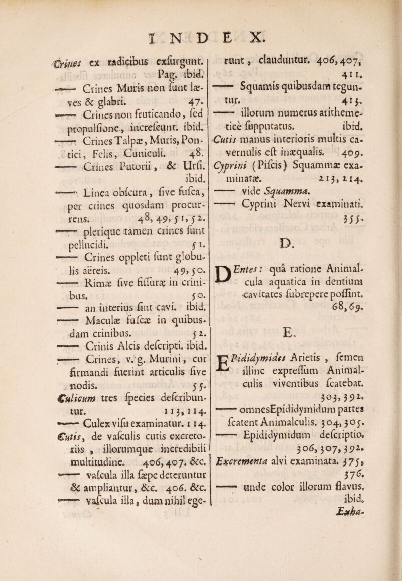 Crines cx radicibus cxfurgirnt. Pag. ibid. — Clines Muris non funt lae¬ ves & glabri. 47* *—■ Crines non fruticando, fed propulfione, increfeunt. ibid. - Crines Talpa», Muris, Pon¬ tici, Felis, Cuniculi. 48. * - Crines Putorii, & Urfi. ibid. -—- Linea oblcura, fivefufca, per crines quosdam procur¬ rens. 4^, 49, 51,52.. — plerique tamen crines funt pellucidi. 51. —— Crines oppleti funt globu¬ lis aereis. 49>5°* - Rimas five filfuras in crini¬ bus. 50. -- an interius fint cavi. ibid. -- Maculae fu fere in quibus¬ dam crinibus. 52. — Crinis Alcis deferipti. ibid. r— Crines, v. g. Murini, cur firmandi luerint articulis live nodis. 5 5. Culicum tres ipecies defer ibun- tur. 113,114. — Culex vifu examinatur. 114. Cutis y de vafculis cutis excreto¬ riis , iliorumque incredibili multitudine. 406,407. &c. * - vafcula illa fepe deteruntur 3c ampliantur, &c. 406. &c. — vafcula illa ^ dum nihil ege¬ runt , clauduntur. 406,407, - Squamis quibusdam tegun¬ tur. 413.. - illorum numerus aritheme- tice fupputatus. ibid. Cutis manus interioris multis ca¬ vernulis eft inaequalis. 409. Cyprini (Pifcis) Squammae exa¬ minatae. 213,114. - vide Sq damma. - Cyprini Nervi examinati» 355- D. D Entes: qua ratione Animal- cula aquatica in dentium cavitates fubrepere poilint. 68,69. E. T^Pididjmides Arietis , femen illinc exprelTuni Animal- culis viventibus fcatebat. 303,392. -omnesEpididymidum partes fcatent Animalculis. 304,305. - Epididymidum deferiptio. 306,307,392. Excrementa alvi examinata. 375, 376. —• unde color illorum flavus. ibid. \