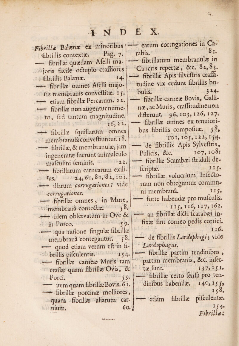 • index. Fibrilla Balaenae ex minoribus fibrillis contexta:. Pag. 7* — fibrillae quaedam Afelli ma- joris facile o&amp;uplo ctaffiores fibrillis Balaenae. *4* -— fibrillae omnes Afelli majo¬ ris membranis conveftitae. 15. — etiam fibrillae Percarum. 22. —- fibrillae non augentur nume¬ ro, fcd tantum magnitudine. 16, 12. -— fibrillae fquillarum omnes membranula Conveftiuntur. 18. •— fibrillae, &amp; membranulae, jam ingeneratae fuerunt animalculo mafculini feminis. 22. — fibrillarum carnearum exili¬ tas. 24,61,81,82, 101. — illarum corrogationes: vide corrogationes, ■— fibrillae omnes, in 'Mure, membrana conte£tae. 5 8. -i—- idem obfervatum in Ove &amp; t in Porco. 5 9* qua ratione lingulae fibrillae membrana contegantur. 58. — quod etiam verum eft in fi¬ brillis pifculentis. 15 4* fibrillae carneae Muris tam craffae quam fibrillae Ovis, &amp; Porci. 59* —— item quam fibrillaeBovis. 61. *■“ fibrillae porcinae molliores, quam fibrilla: aliarum car¬ nium, 60. — earum corrugationes in Ca¬ rabis. ^i° — fibrillarum membranulae in Cancris repertae, &amp;c. 82,8$. — fibrillae Apis filvefiris crafli- tudjne vix cedunt fibrillis bu¬ bulis. 324* — fibrillae carneae Bovis, Galli¬ na: , ac Muris, craflitudine non difierunt. 96, 103,126, 1 27«, — fibrillas omnes ex tenuiori¬ bus fibrillis compofitae. 58, 101,105,122,154. — de'fibrillis Apis Sylveftris, Pulicis, &amp;c. 107,108.' — fibrillae Scarabaei flriduli de¬ fieri ptae. 115* — fibrillas volucrium Infecto¬ rum non obteguntur commu¬ ni membrana. 11 f* — forte habendae promufculis* 115»116,117,162» - an fibrillae didti fcarabaei in¬ fixae finit corneo pedis cortici. 116, — de fibrillis Lardophagi; vide Lardophagus. - fibrillae partim tendinibus , pattim membranis, &amp;c. infer¬ tae fiunt. I37JV51- — fibrillae certo fenfu pro ten¬ dinibus habendae. 14°>15 f» 158. —— etiam fibrillae pifculentae» 1 i 4* , 1 * I V 'V T i_* J 3 a A