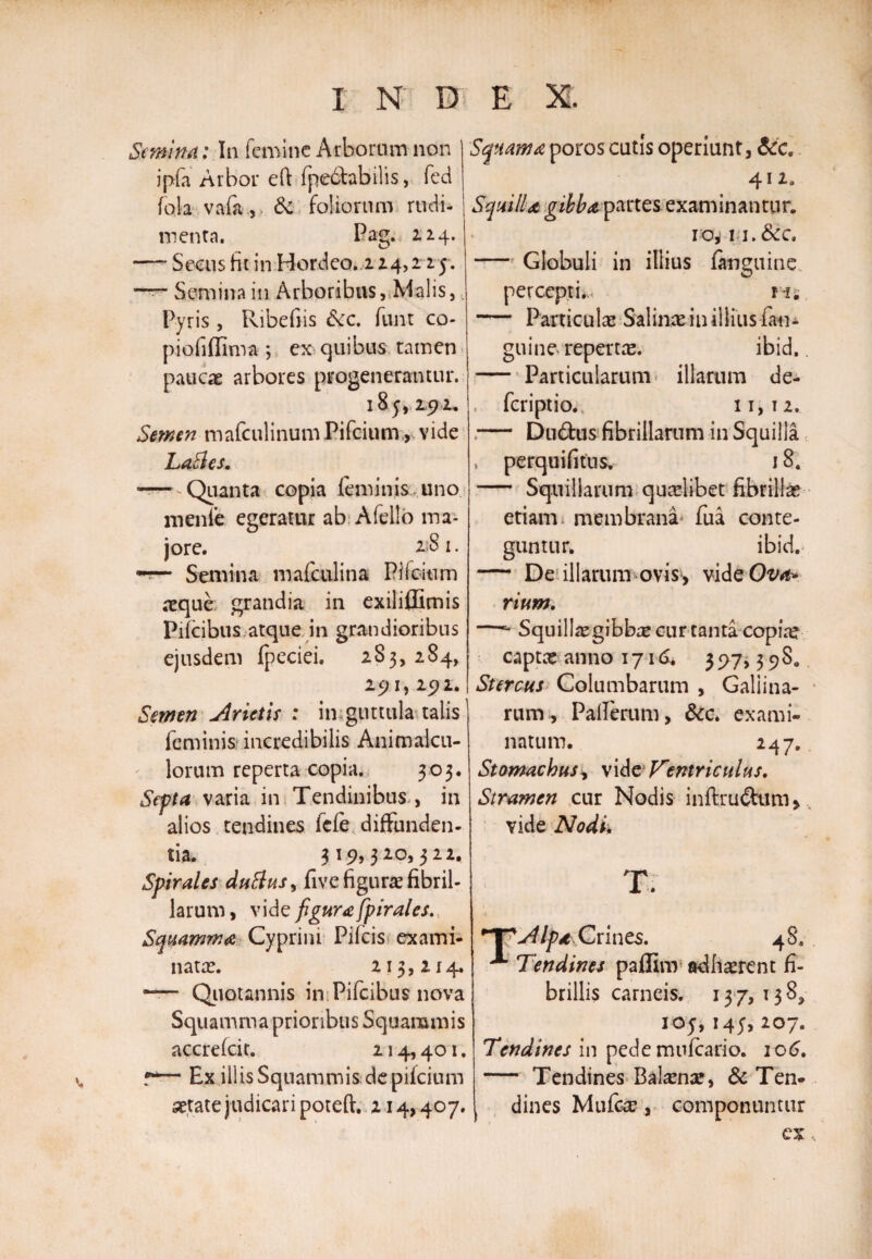 Semina: In femine Arborum non ipfa Arbor eft fpe6hbilis, fed fala vafit.,. &amp; foliorum rudi¬ menta. Pag. 224. — Seens fit in Hordeo. 124,2 25. — Semina in Arboribus, Malis, Pyris, Ribefiis &amp;c. funt co- piofiffima ; ex quibus tamen paucae arbores progenerantur. i8y, 2.92. Semen mafculinum Pifciumvide LaBes. -—^Quanta copia feminis uno menie egeratur ab Afello ma¬ jore. 21S1. —— Semina mafculina Pifcium aeque grandia in exiliflimis Pifcibus atque in grandioribus ejusdem fpeciei» 283,284, 25?I,2C)1. Semen Arietis : in guttula talis feminis incredibilis Animalcu- lorum reperta copia. 303. Septa varia in Tendinibus , in alios tendines fefe diffunden¬ tia. 319,320,322. Spirales duBus, five figurae fibril¬ larum, \\de figura fpirales... Squamma Cyprim Pifcis exami¬ natae. 213,214. — Quotannis in Pifcibus nova Squamma prioribus Squammis accrefcit. 214,401. r— Ex illis Squammis de pifcium aetate judicari poteft. 214,407. Squama poros cutis operiunt, &amp;c. 412. Squilla gibba partes examinantur. 10, m.&amp;c. — Globuli in illius fanguine perceptio hs. — Particulas Salinae in illius fati- guine repertas. ibid.. -Particularum illarum de- feriptio. 11,12. — Du&amp;us fibrillarum in Squilla perquifitusy 18. - Squillarum qualibet fibrillae etiam, membrana- fua conte¬ guntur. ibid. — De illarum ovis&gt; vide Ova* rium. —** Squillas gibb# cur tanta copia? captas anno 1716. 3 97,398. Stercus Columbarum , Gallina¬ rum , Pallerum, &amp;c. exami¬ natum. 247. Stomachus, vide Ventriculus. Stramen cur Nodis inftrudfcum* vide Nodi. T. WAlpa, Crines. 48. A Tendines paflim adhaerent fi¬ brillis carneis. 137, 13 8&gt; 105,145, 207. Tendines in pede mnfcario. 106. — Tendines Balsenas, &amp; Ten¬ dines Mufca?, componuntur ex,