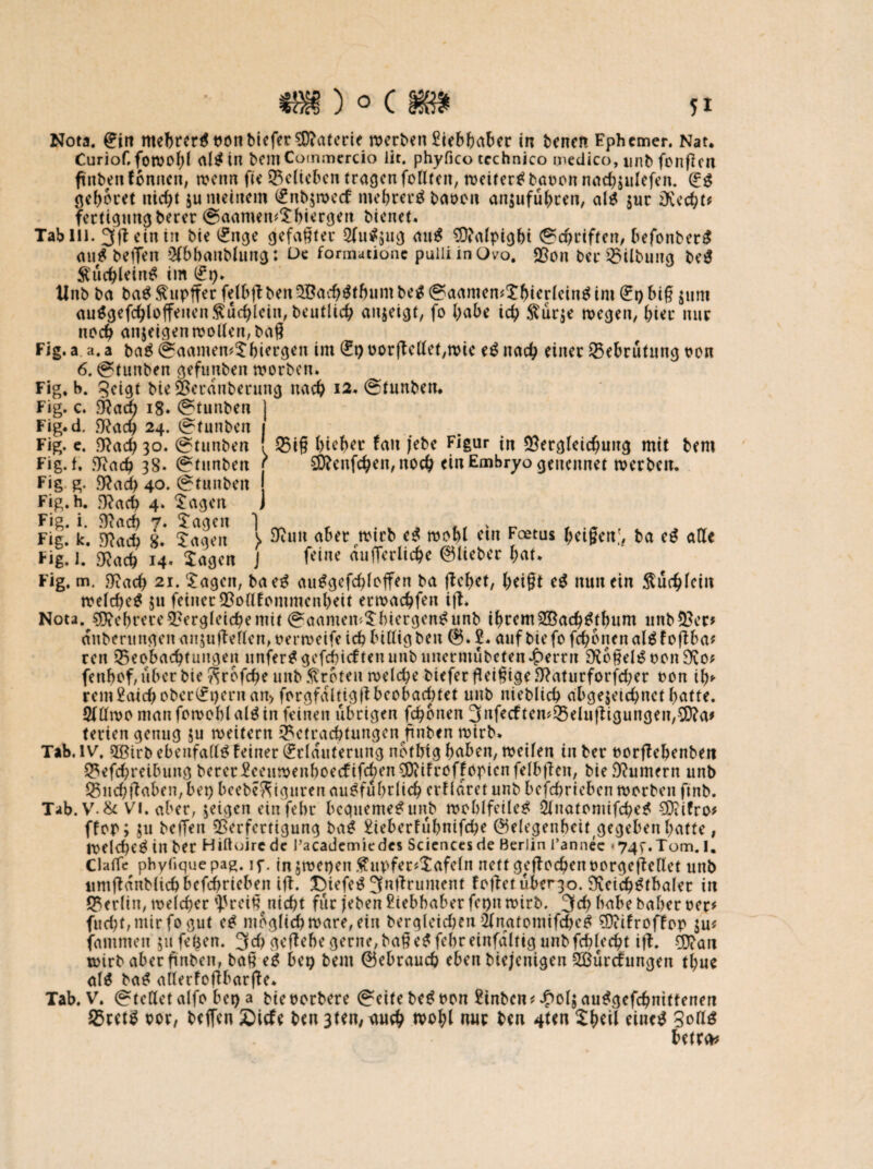 SDlenfcben, noch ein Embryo gencitnet rocrbcit. m) o c m n Nota. Ein mehrere uonbieferSDlaterie »erben £iebbaber in benen Fphemer. Nat. Curiof. fotVD()( al$tn bemCotnmcrcio iit. phyfico tcchnico medico, unb fünften ftnben tonnen, wenn fie belieben tragen feilten, »eitert bauen nad)$ulefen. (£$ gehöret nicht ju meinem Enb$teecf mehrere bauen an$ufübren, al£ $ur £Kect;t# fertigungberer ©aamewSbiecgcn bienet. Tab Hl. 3(1 ein in bie Enge gefaxter 2lu$jug au$ VMpigbi ©djriften, befonber* au$ beffen 9(bbanMung: Oe formatione puiii mOvo. 95on ber Gilbung be$ Stüchlein# im (ft). Unb ba ba$ ^upfter fetbtl ben5Bad)$tbum be£ ©aamemSbierleinä im (ft) big $unt au$gefchloffencn£u^lcin,beutUd) attjeigf, fo habe ich $ür$e roegett, hier nur noch anjeigen»ollen, baft Fig. a a.a bag ©aamemSbiergen im Epuorjlcllet,»ie e$ nach einer Bebrütung uen 6. ©tuttben gefunben »orben. Fig. b. 5cigt bie Vcranberung nach 12. ©tunben. Fig. c. $lad) 18. ©tunben Fig. d. SRacp 24. ©tunben Fig. U JTiacb 38. ©tunben Fig g. 9?ad) 40. 0tuubeit Fig. h. Dlach 4. Sagen Fig. i. Sftacb 7. Sagen 1 _ , . t ... , „ Fig. k. 5^ad) 8* Sagen > 9Run aber tutrb e$ ruebt etn Foetus betgen;, ba e$ alle Fig, 1. gjoct) 14. lagen J f«<ne «uffeclic^e ©liebet f;at. Fig. m, 3?ad) 21. Sagen, baeg au£gefcf)feffen ba (lebet, beiftt eg nun ein $ud)lcin »eld)e£ $u feiner Volltommenbeit ertuaebfen ift* Nota. Mehrere Vergleiche mit ©aantemSbiergen^unb ihrem 2Bach£tbum unb Vor» anberungen anjufteflen, eertueife icb billig ben ®. £. auf bie fe febbtten alä f oflba* ren ^Beobachtungen unferngefehlten unbuttermübefenFerrit ^bftelguonSfto? fenbof, über bie Srbfcbe unb Erbten »eiche biefer fleißige $?aturforfd)er uon il)*- rem 2atd) oberEpcnt an> forgfaltigft beobachtet unb nieblich abgejetebnet batte. 2lll»o manfotuoblaläin feinen übrigen (ebenen 3«feeftcn^Q5eliiftigungen/5D?a^ terien genug ju rueitern Verachtungen ftnben ruirb. Tab. IV, 9Sirb ebenfalls feiner Erläuterung netbig baben, tueifen in ber uorflebenbett Q5efcbt*eibung bercr£ceu»enboecfifchen$(ifrof]fopicnfelbften, bie Turnern unb ^neb (laben, bep beebe^igttren ausführlich erf laret unb befcbricben »erben ftnb. Tab. V. & Vi. aber, $eigen etnfebr bequemesunb »oblfeileS 2(natomifche$ ODiifro# ff cp; $tt bc(Ten Verfertigung baS £ieberfubnifcbe Gelegenheit gegeben batte, »elcheS in ber Hiftoirede l’academiedes Sciencesde Berlin l’annec »74c.Tom. I. Clalfe phytique pag. if. inä»epeti Rupfer^Xafefn nett geflochenuorgeftellet unb umftanMicbbefcbrieben tfl. £)iefeS 3uftrument fc(let ubergo. 9£ctchSfbaler in Berlin, »elcher $ret6 nicht für (eben Liebhaber fcpu»irb. 3cb babebaberuer* fitcht/mir fo gut eS möglich ruare, ein bergleidjeu 2(natomifcbc$ ?D?ifroffop tu* fammett 51t fe^en. 3rf) gefiebe gerne, ba§ e£ febr einfaltig unb fcblecbt ijt. Ö}?an xuirb aber ftnben, baß ei^ bep bem gebrauch eben biejenigen 5ffiürdungen tl)ue al^ ba^ allerfo(lbar(le. Tab. V. Stelletalfo bep a bieuerbere (?eifebequem ^inben^oljau^gefcbnittenen S5rrt^ uor, beflen £)icfe ben 3ten,uueb mobl nur ben 4ten Sbeil eine^ 3ollS betreu