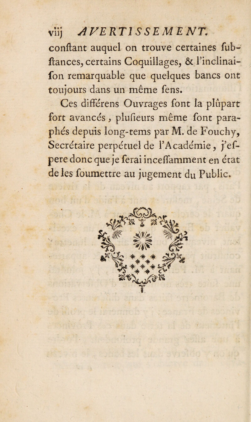 confiant auquel on trouve certaines fub- fiances* certains Coquillages* & Tinclinai- fon remarquable que quelques bancs ont toujours dans un même fens. Ces différens Ouvrages font la plupart fort avancés* pîufieurs même font para¬ phés depuis long-tems par M. de Fouchy* Secrétaire perpétuel de l’Académie* j’ef- pere donc que je ferai inceffamment en état de les foumettre au jugement du Public»